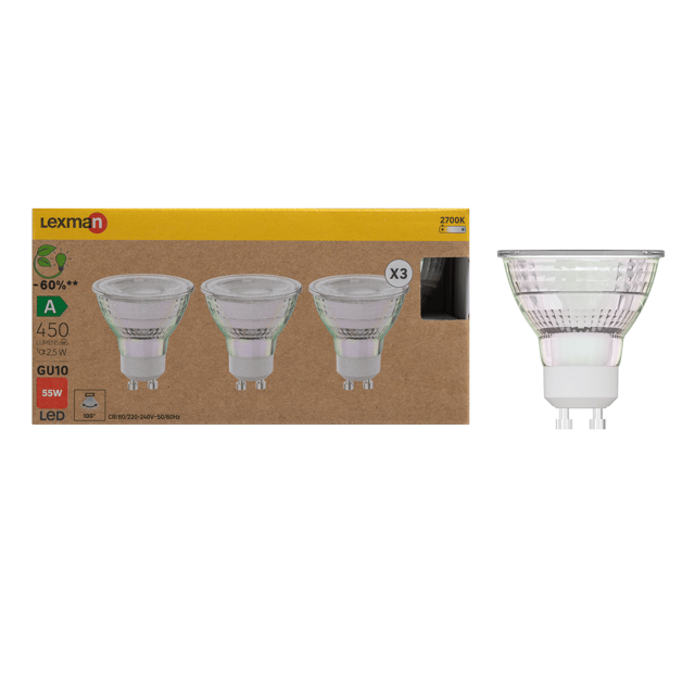 Lot de 3 ampoules led, réflecteur GU10, 450lm = 55W, blanc chaud, LEXMAN