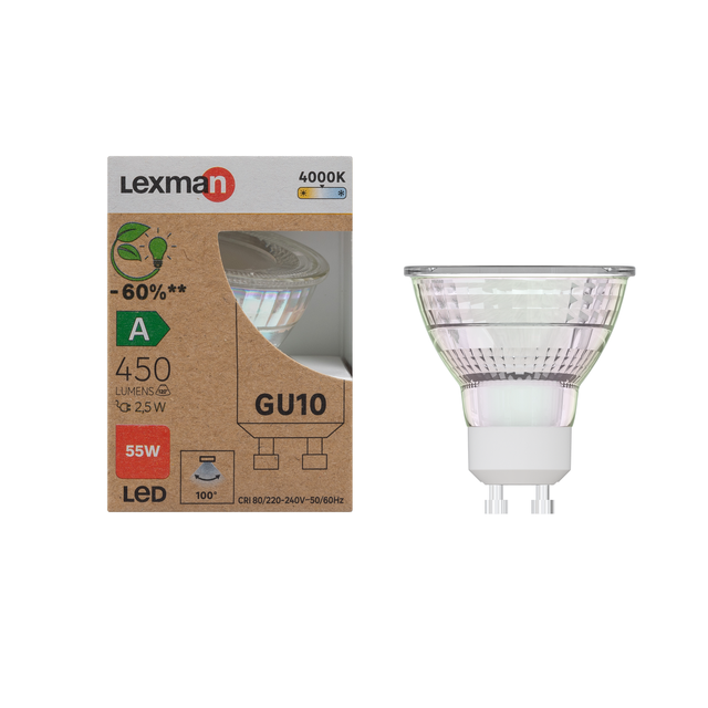 Lampadina LED, GU10 bulbo, opaco, 2.5W= 450 LM (equiv 55 W), classe energetica A, LEXMAN