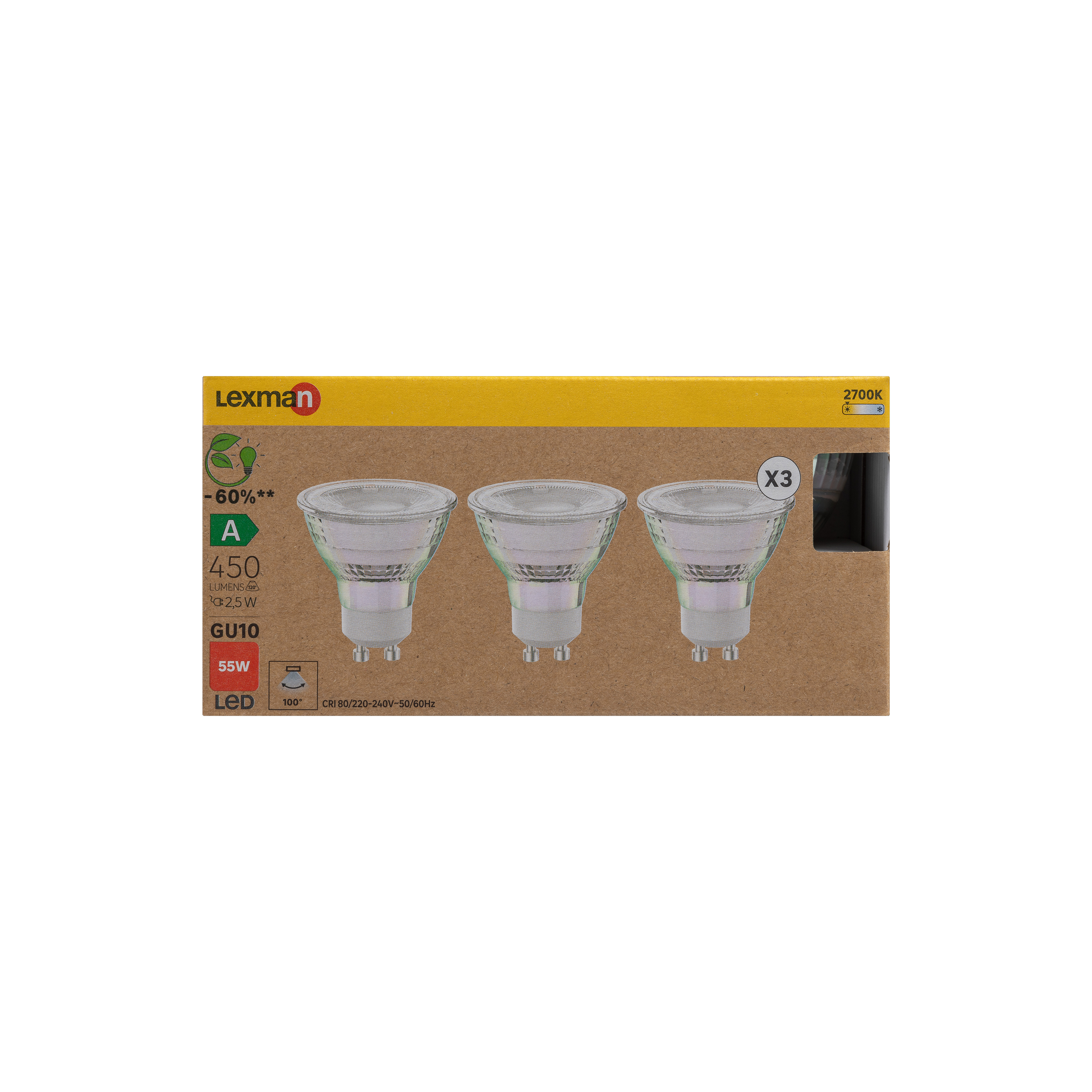 Lot de 3 ampoules led, réflecteur GU10, 450lm = 55W, blanc chaud, LEXMAN - 4