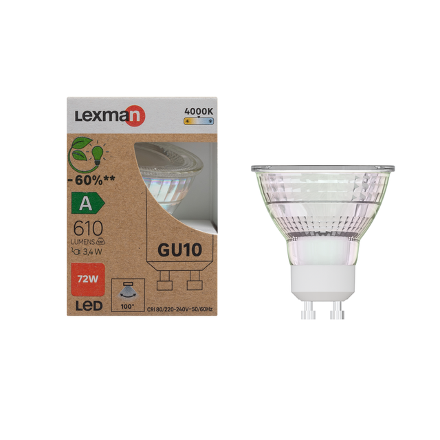 Lampadina LED, GU10 bulbo, trasparente, 3.4W = 610 LM (equiv 72 W) classe energetica A, LEXMAN