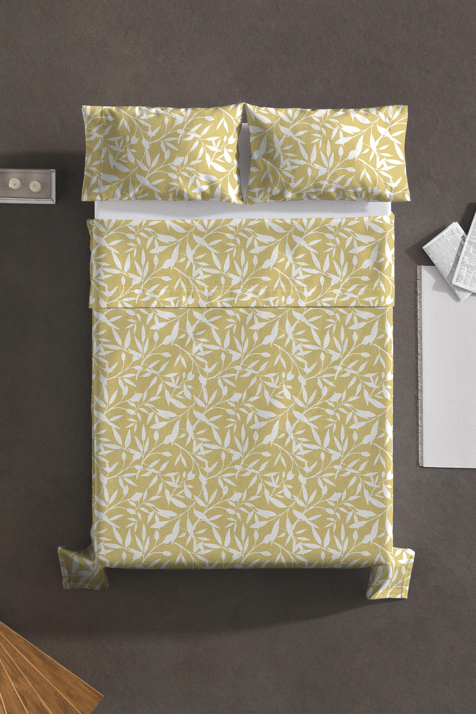 Juego de sábanas AMORE MIO Larino algodón flor amarillo / dorado para cama de 150 cm Pack cama 150: sábana encimera (240x280 cm) y dos fundas de almohada (50x85 cm) - 4