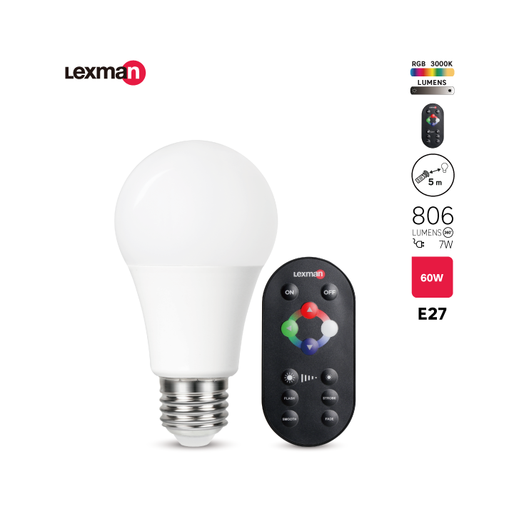 Ampoule led à télécommande,  E27, 806lm, variations de blanc et couleurs, LEXMAN - 2