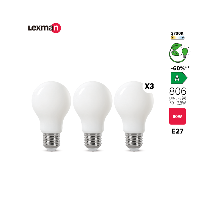 Lot de 3 ampoules led,  E27, 806lm, classe énergétique A, blanc chaud, LEXMAN - 4