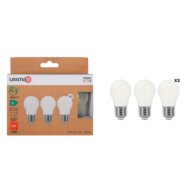 3 ampoules led, sphérique E27, 806lm, classe énergétique A, blanc neutre, LEXMAN