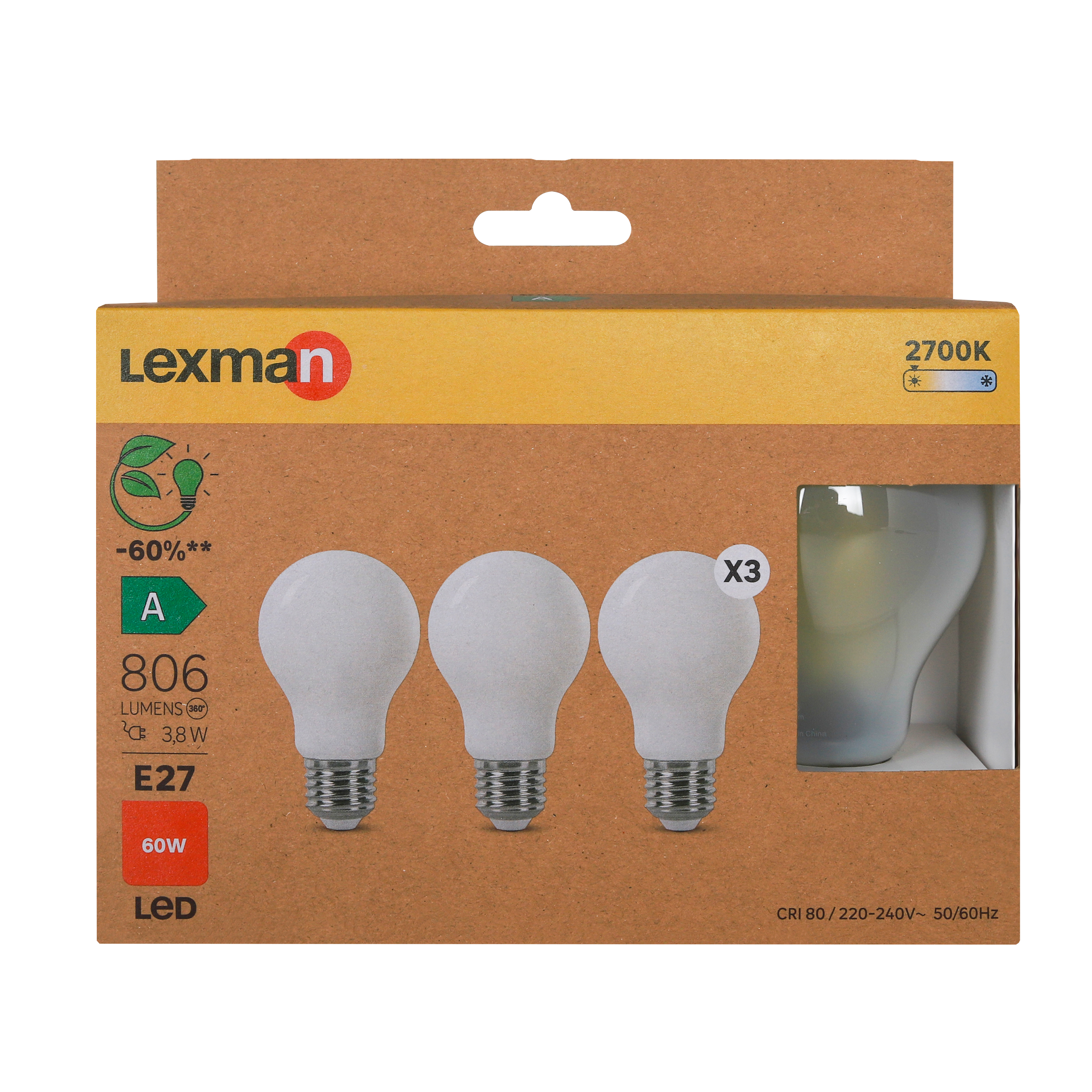 Lot de 3 ampoules led,  E27, 806lm, classe énergétique A, blanc chaud, LEXMAN - 3