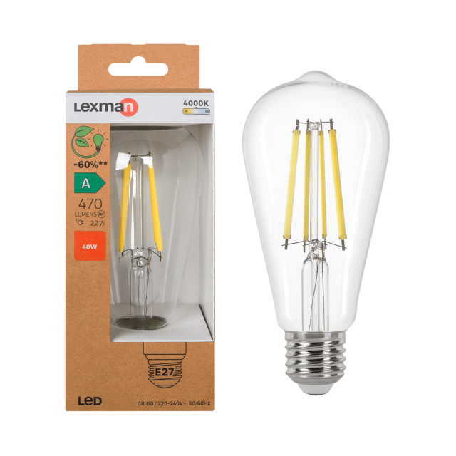 Ampoule led, Edison E27, 470lm, classe énergétique A, blanc neutre, LEXMAN