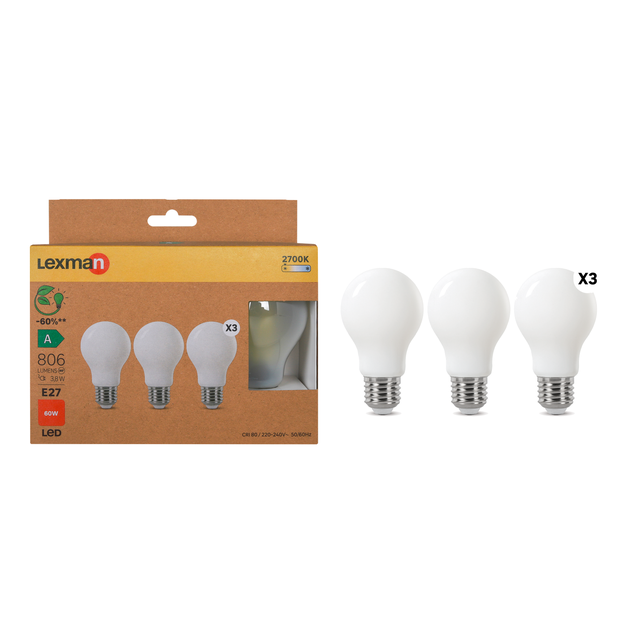 Lot de 3 ampoules led,  E27, 806lm, classe énergétique A, blanc chaud, LEXMAN
