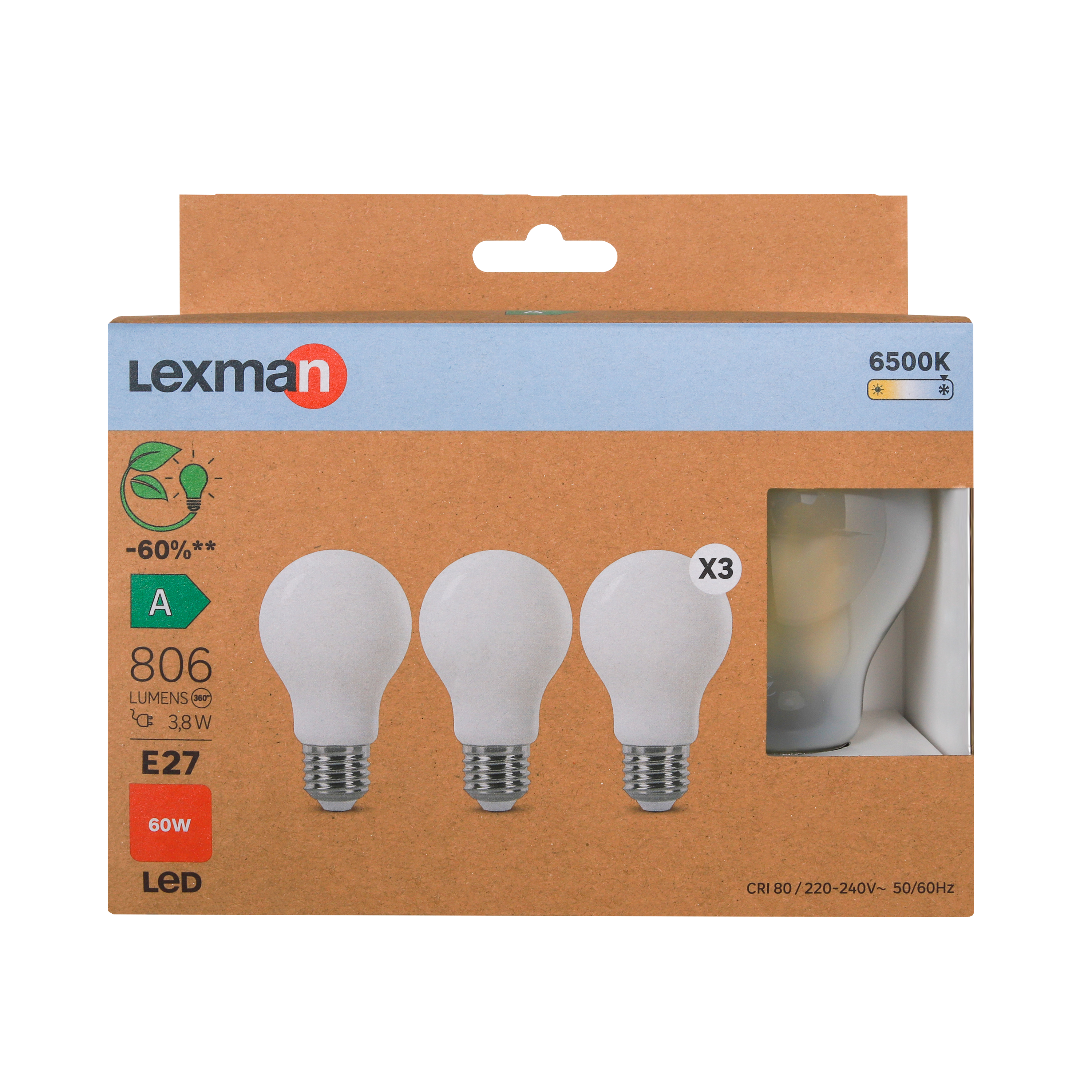 Zestaw 3 żarówek E27 3.8W 6500 K 806 lm Zimna Biel Lexman Klasa A - 3