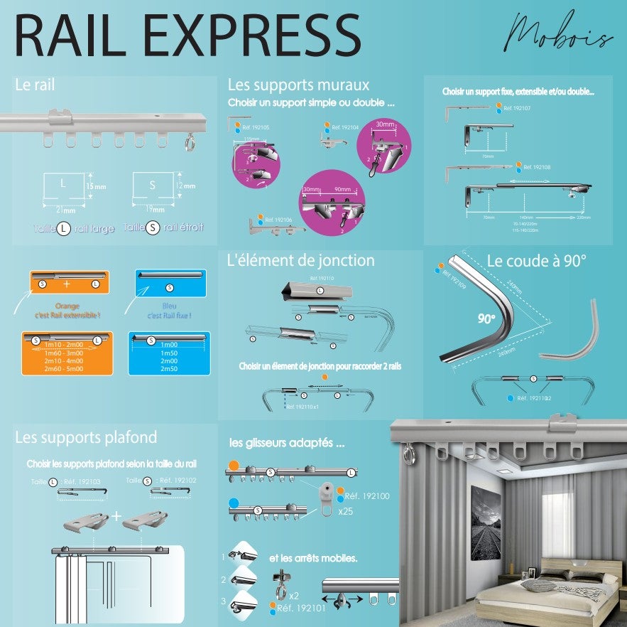Rail extensible inox Carré blanc satiné, L.110/200 cm ouv.latérale (1 rideau) - 2