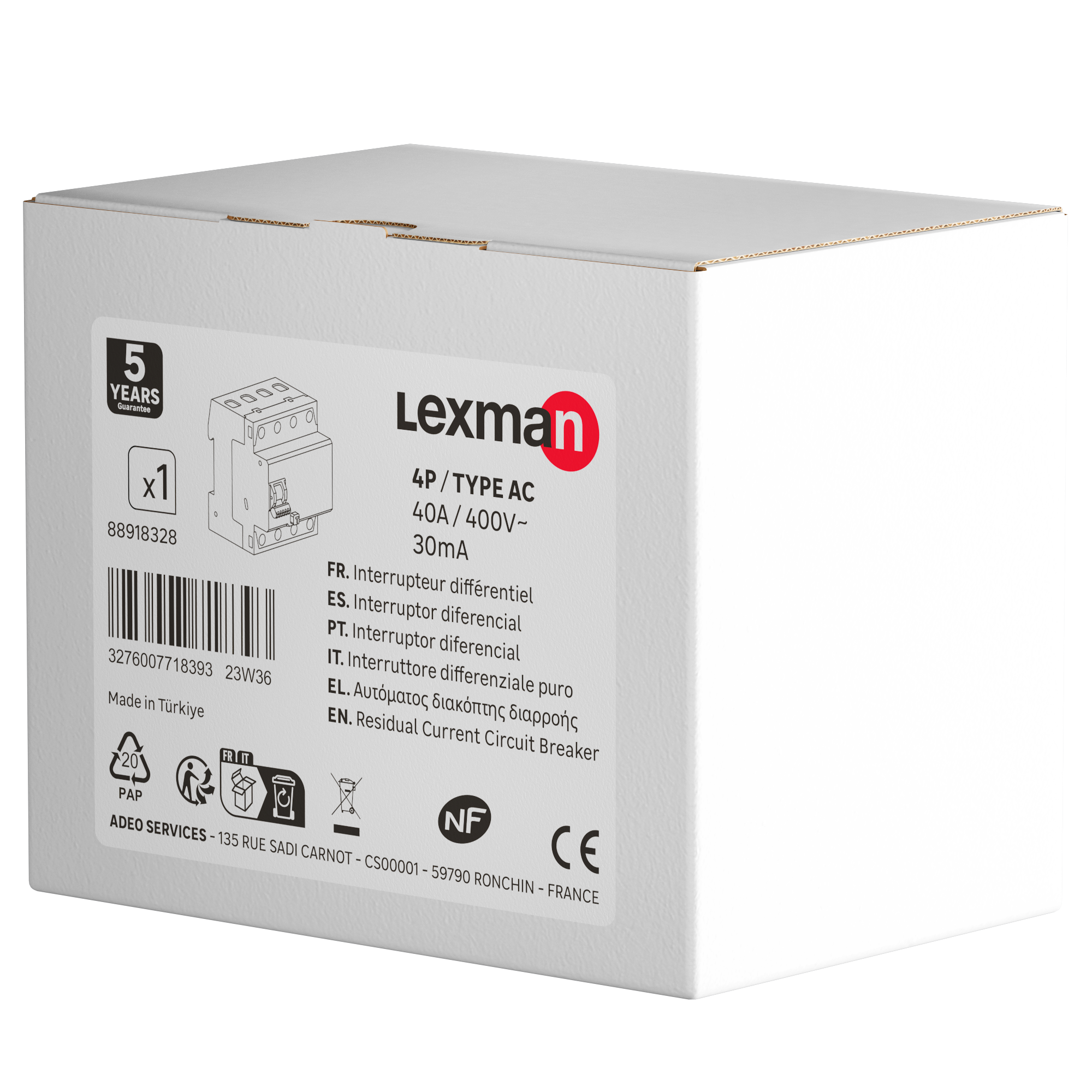 Interrupteur différentiel triphasé LEXMAN, 30 mA 40 A AC - 5