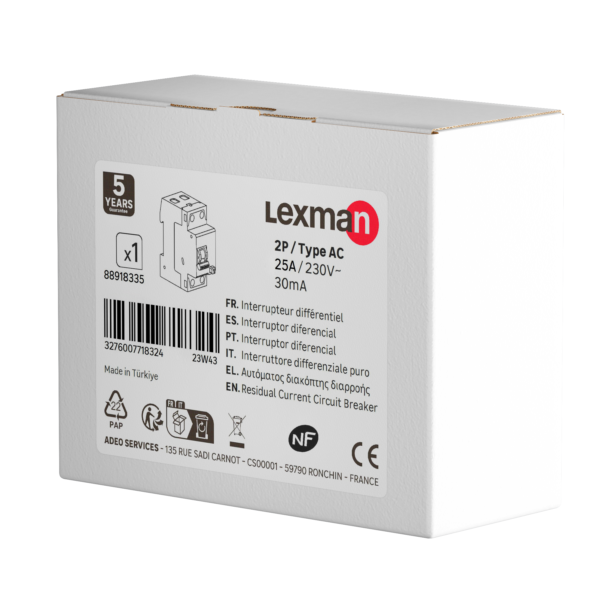 Interruptor Diferencial 2 polos 25A 30mA bloco de conexão por parafuso LEXMAN - 7