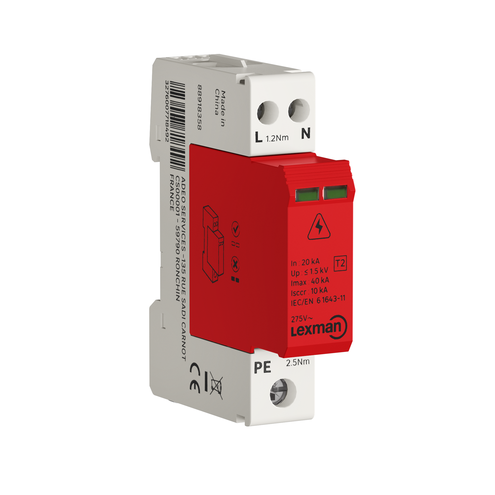 Dispositivo de proteção sobretensão 2 polos Uso único capacidade de interrupção 10 000A LEXMAN - 6