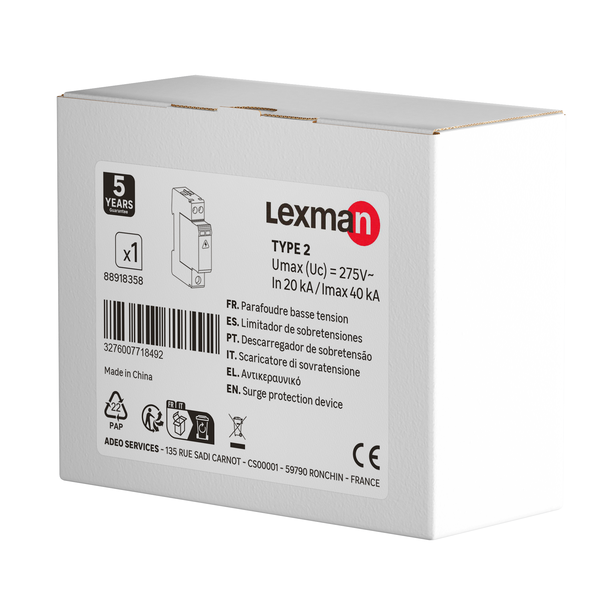 Dispositivo de proteção sobretensão 2 polos Uso único capacidade de interrupção 10 000A LEXMAN - 5