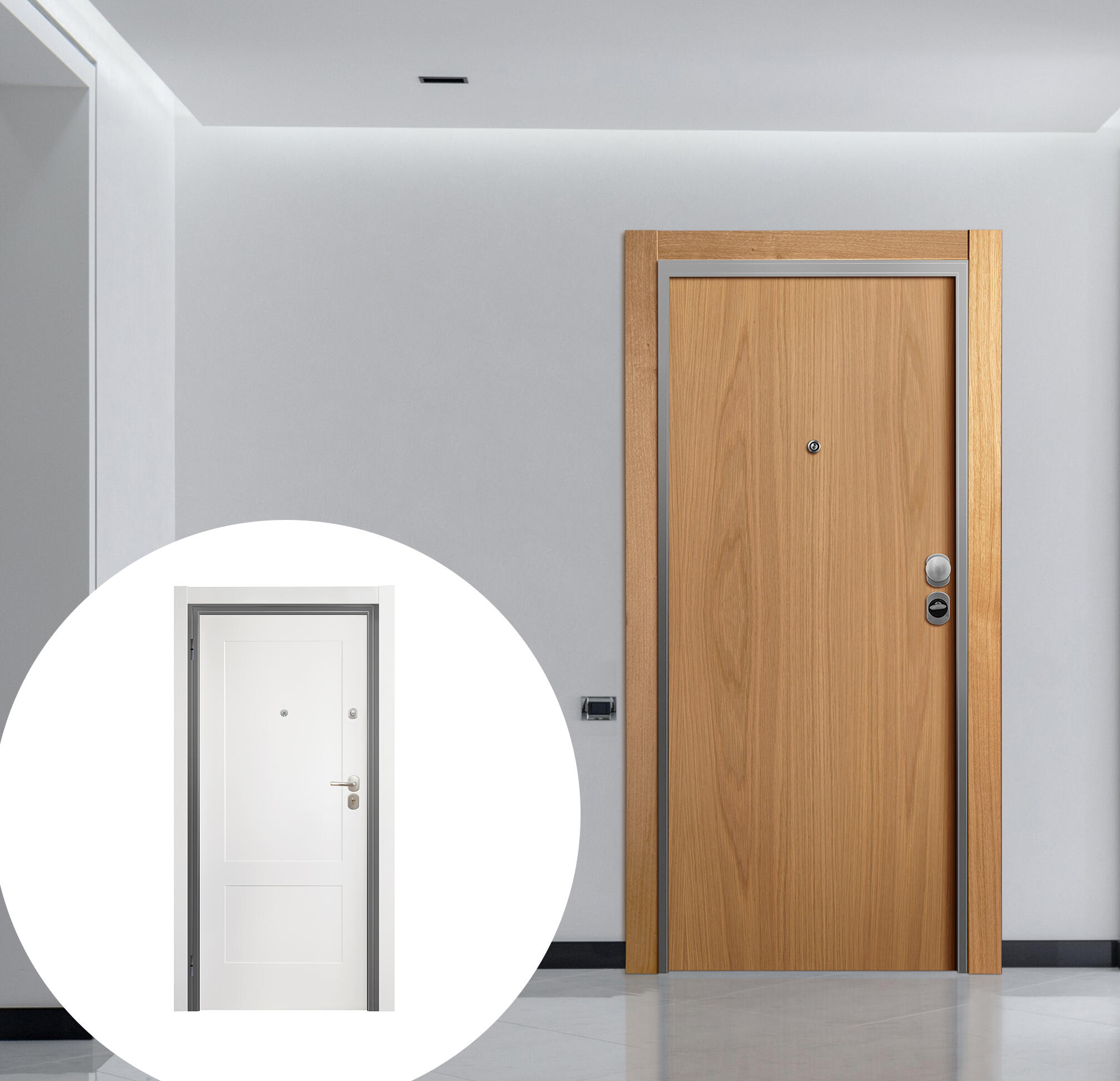 Puerta entrada acorazada omega lisa roble/atlanta blanco derecha 206x92cm
