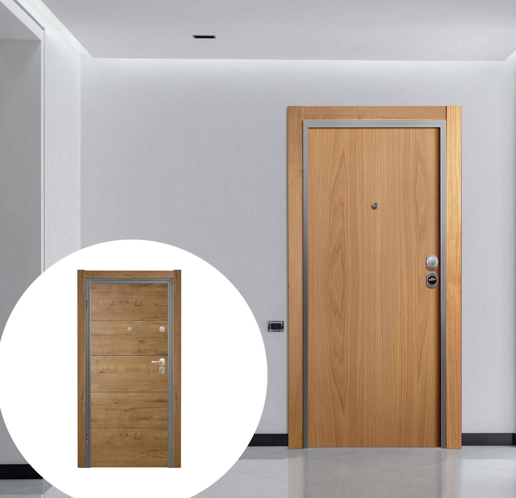 Puerta de entrada acorazada serie omega liso roble / interior berna gold fresada roble apertura izquierda 206x92cm