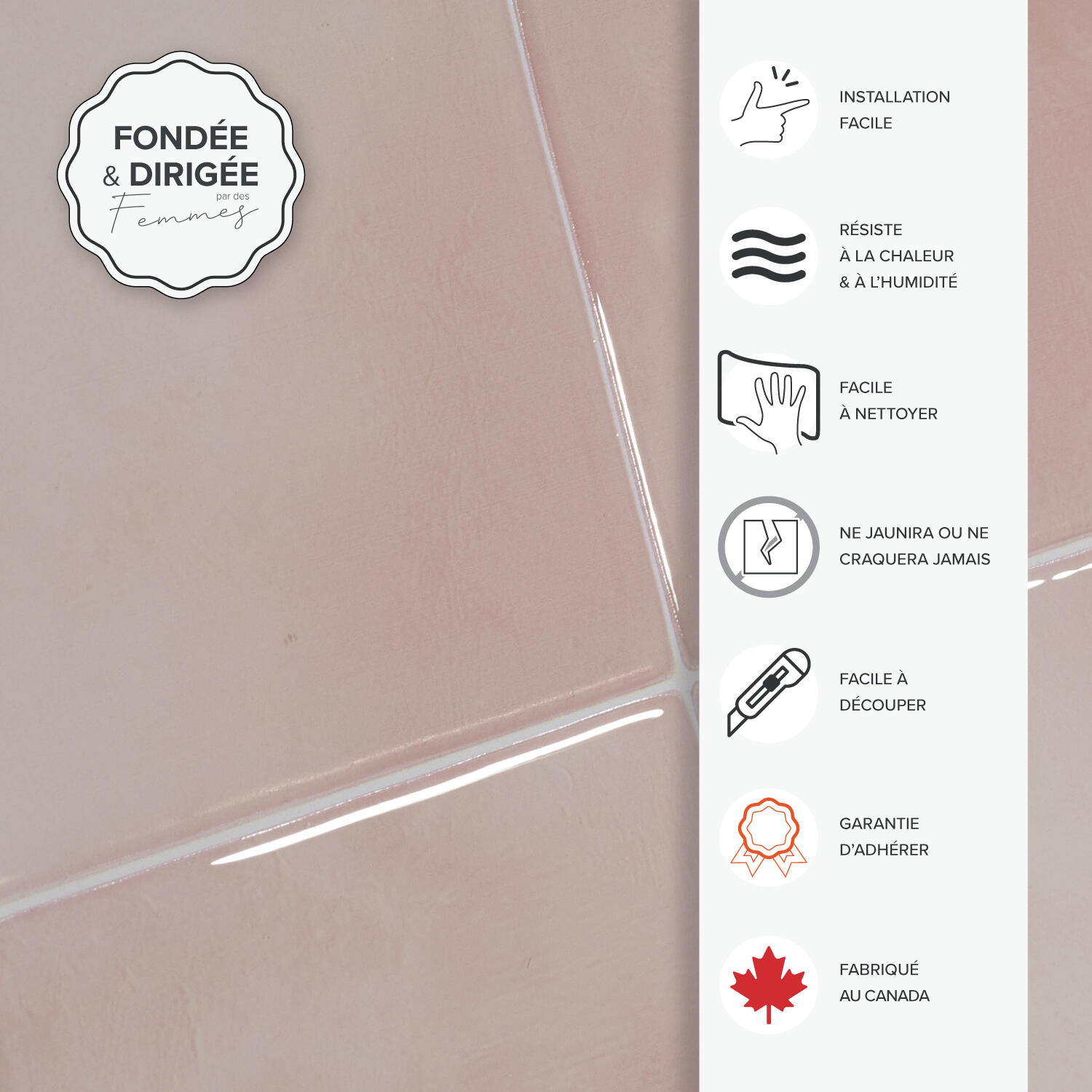 Lot de 4 adhésif décoratif SMART TILES Zellige, rose 23 cm x 23 cm - 4