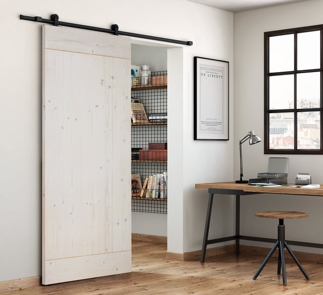 Porta scorrevole Smooth in legno bianco, L 96 x H 215 cm, con binario Loft nero Reversibile