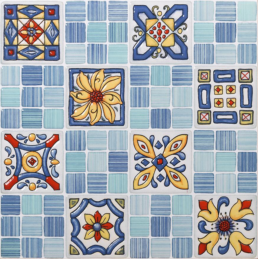 Azulejo cerámico efecto mosaico amarillo y azul 30x30 cm c1