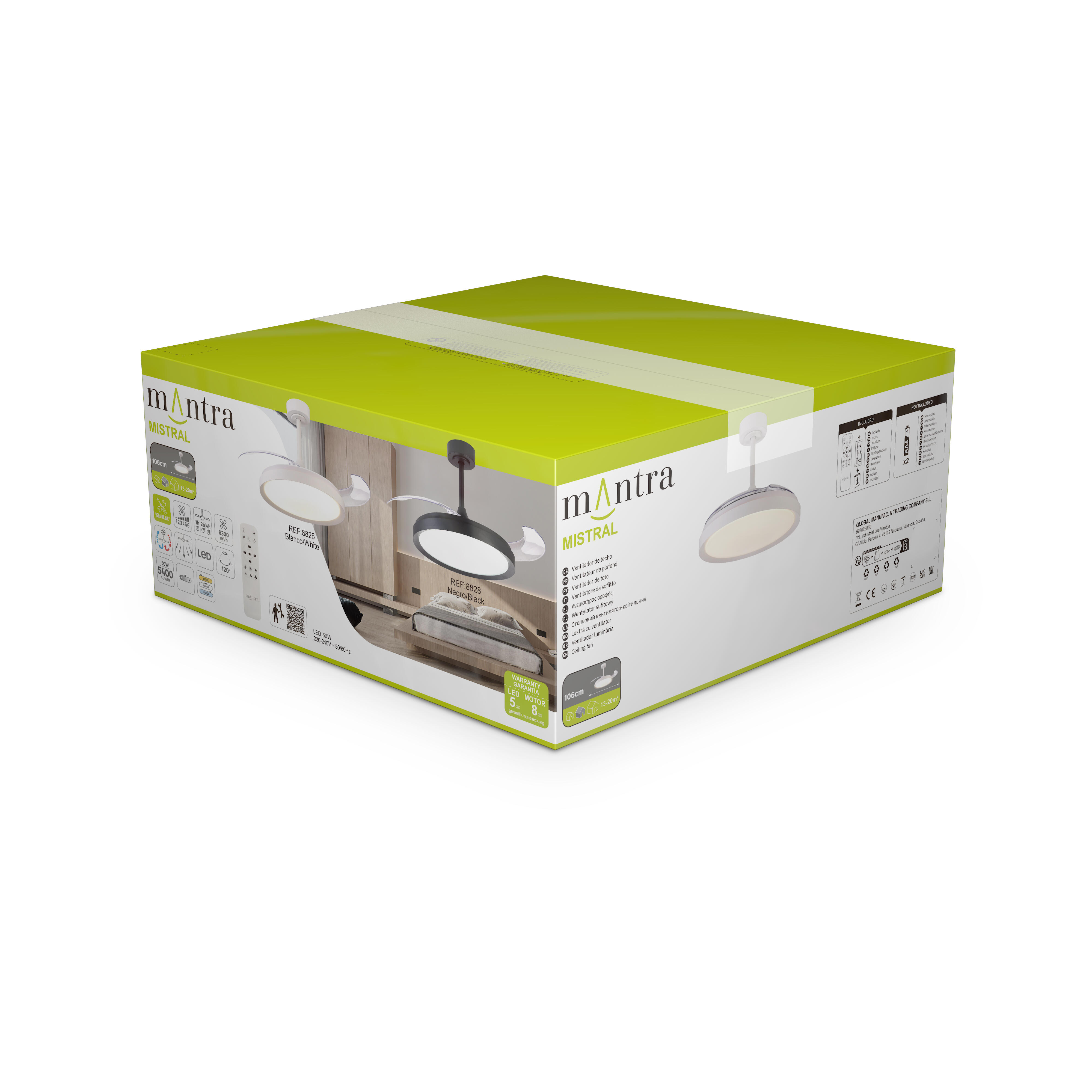 Ventilador de techo con luz silencioso DC 28W con mando ø106 cm Mistral MANTRA blanco luz CCT 3 aspas retráctiles tipo lámpara| 6 velocidades| modo verano/invierno| brisa| recomendado de 13 a 20m² - 9