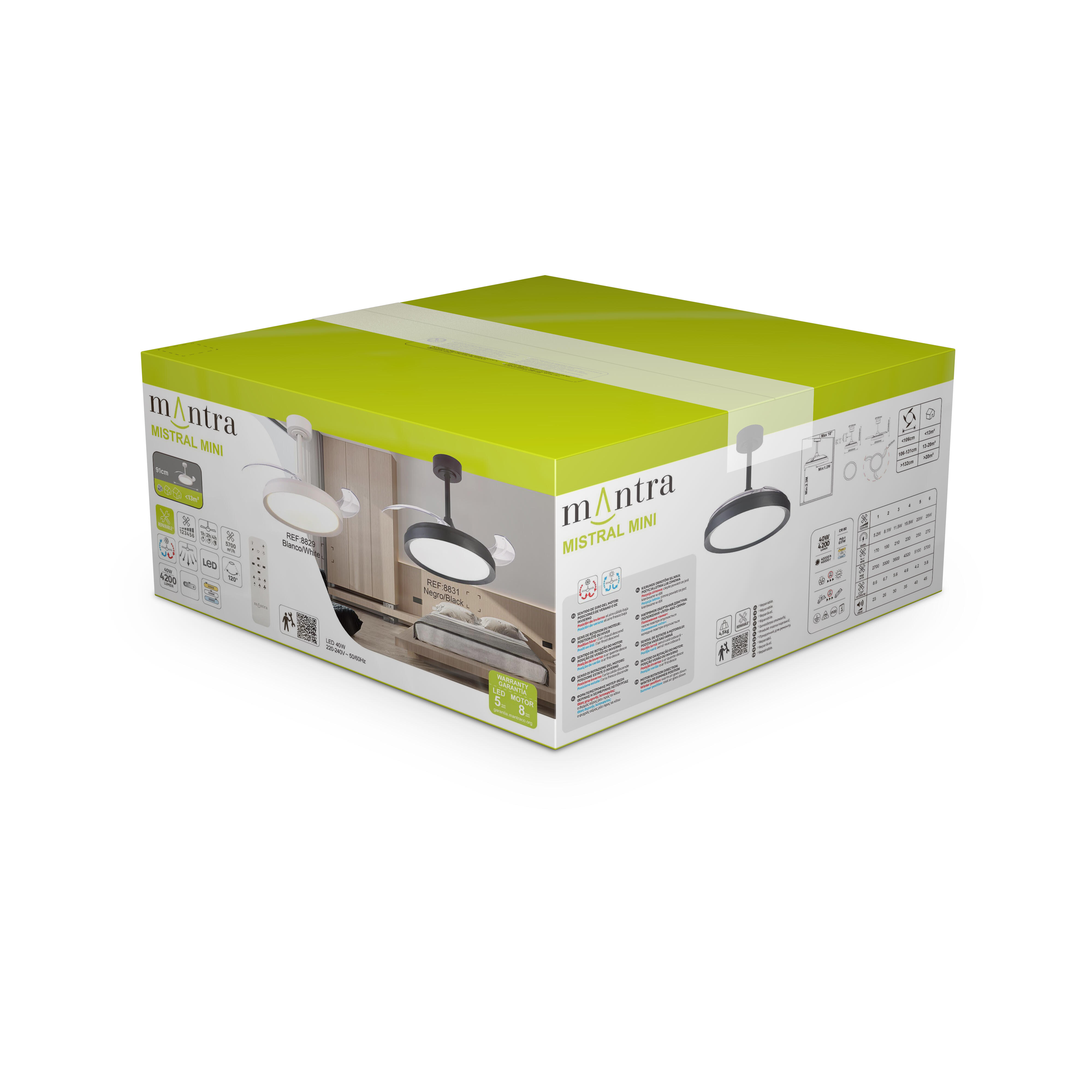 Ventilador de techo con luz silencioso DC 25W con mando ø91 cm Mistral Mini MANTRA blanco luz CCT 3 aspas retráctiles tipo lámpara| 6 velocidades| modo verano/invierno| brisa| recomendado para <13m² - 9