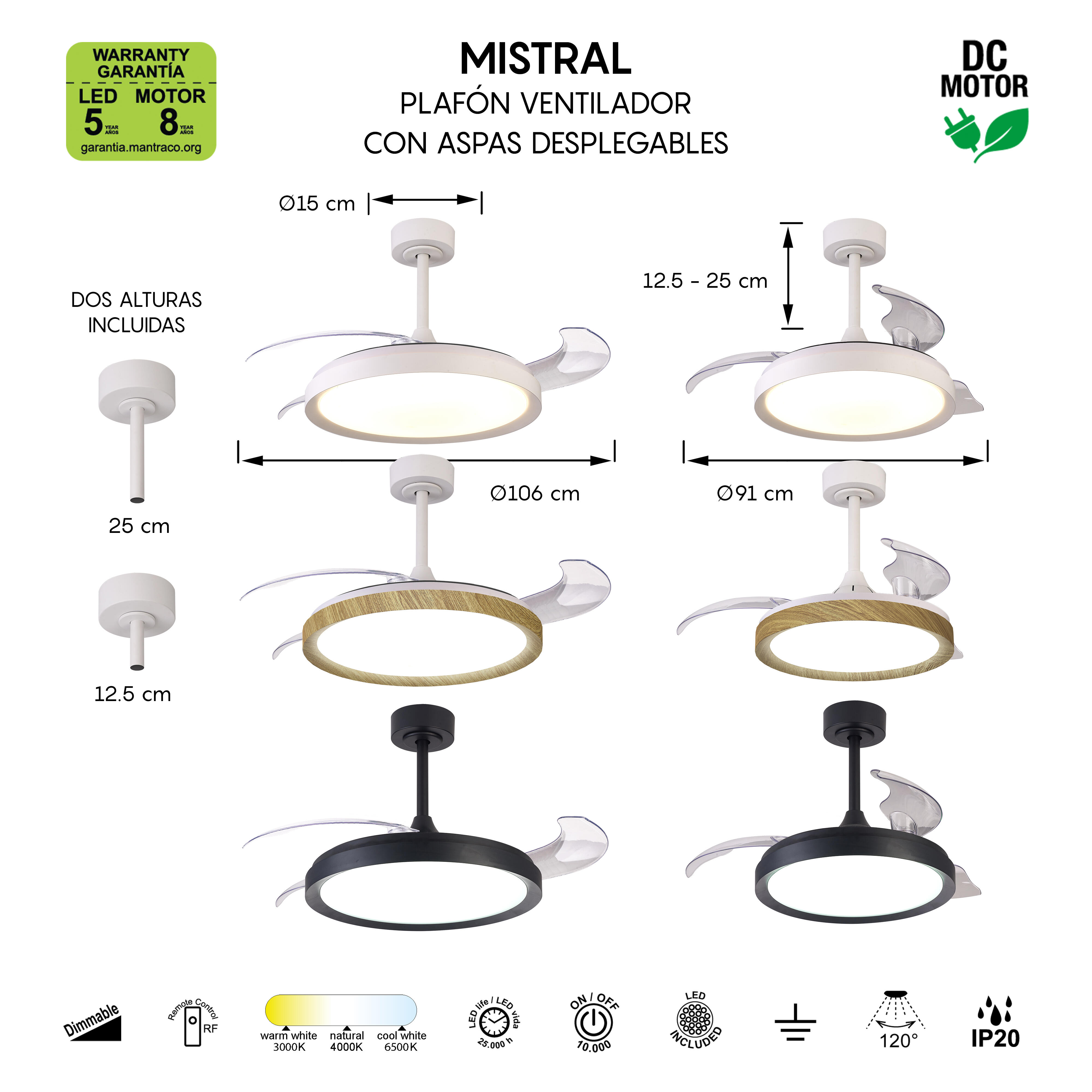 Ventilador de techo con luz silencioso DC 28W con mando ø106 cm Mistral MANTRA marrón y blanco luz CCT 3 aspas retráctiles tipo lámpara| 6 velocidades| modo verano/invierno| brisa| recomendado de 13 a 20m² - 6