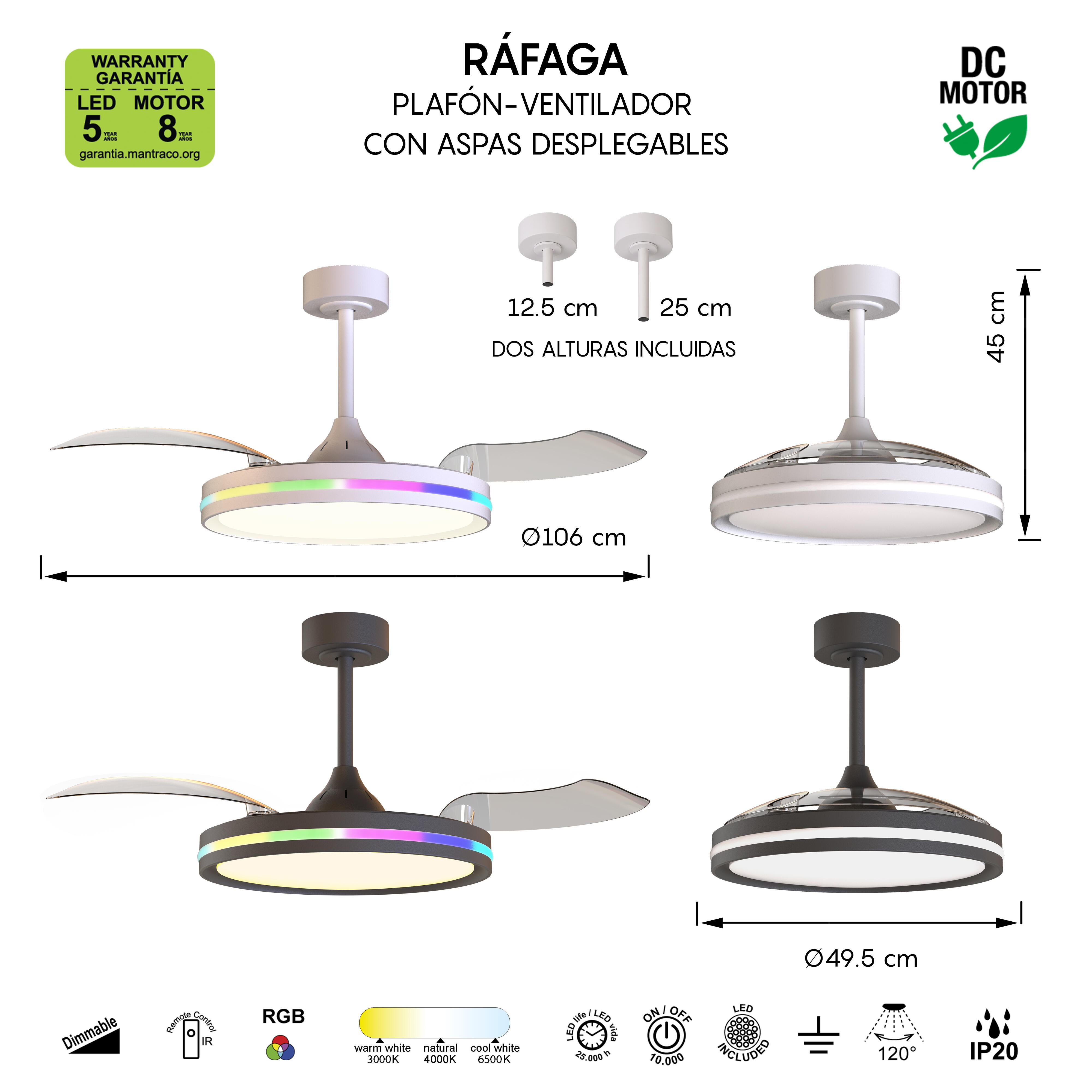 Ventilador de techo con luz silencioso DC 30W con mando ø106 cm Rafaga MANTRA blanco luz CCT 3 aspas retráctiles tipo lámpara| 6 velocidades| modo verano/invierno| recomendado de 13 a 20m² - 12