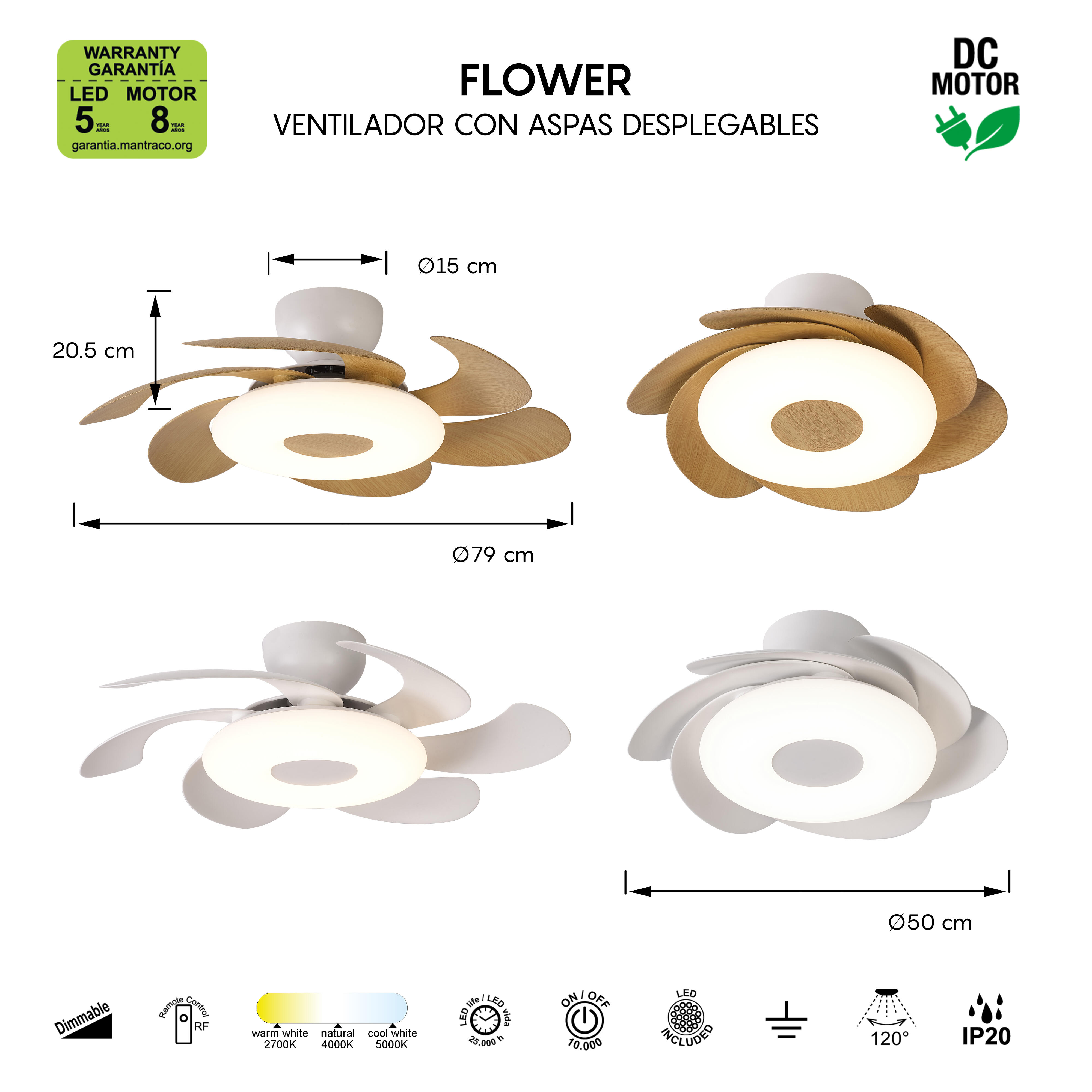 Ventilador de techo con luz silencioso DC 24W con mando ø79 cm Flower MANTRA marrón y blanco luz CCT 6 aspas retráctiles tipo lámpara| 6 velocidades| modo verano/invierno| brisa| recomendado para <13m² - 8