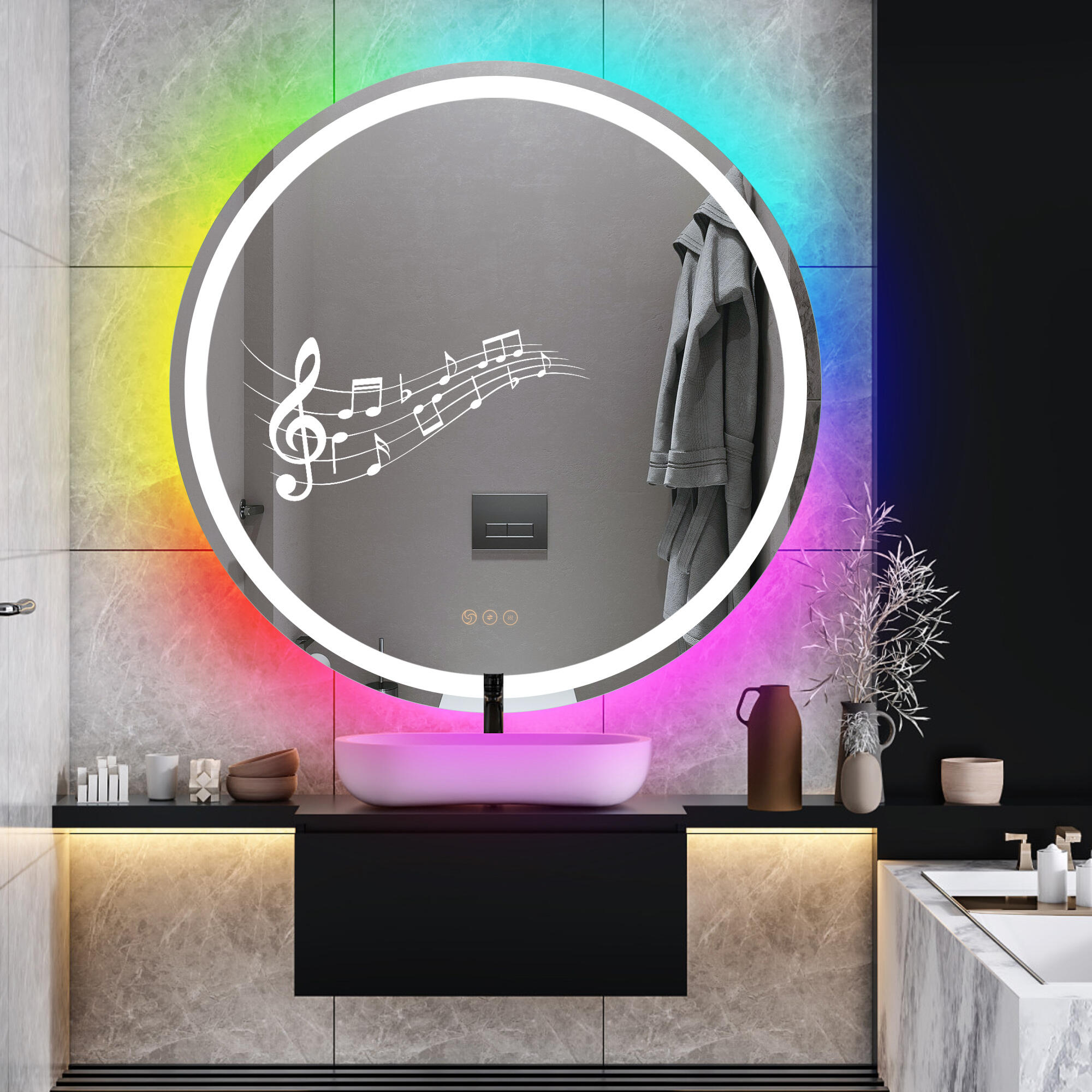 Espejo de baño con luz led saturno antivaho, táctil, altavoz, bluetooth 80x80
