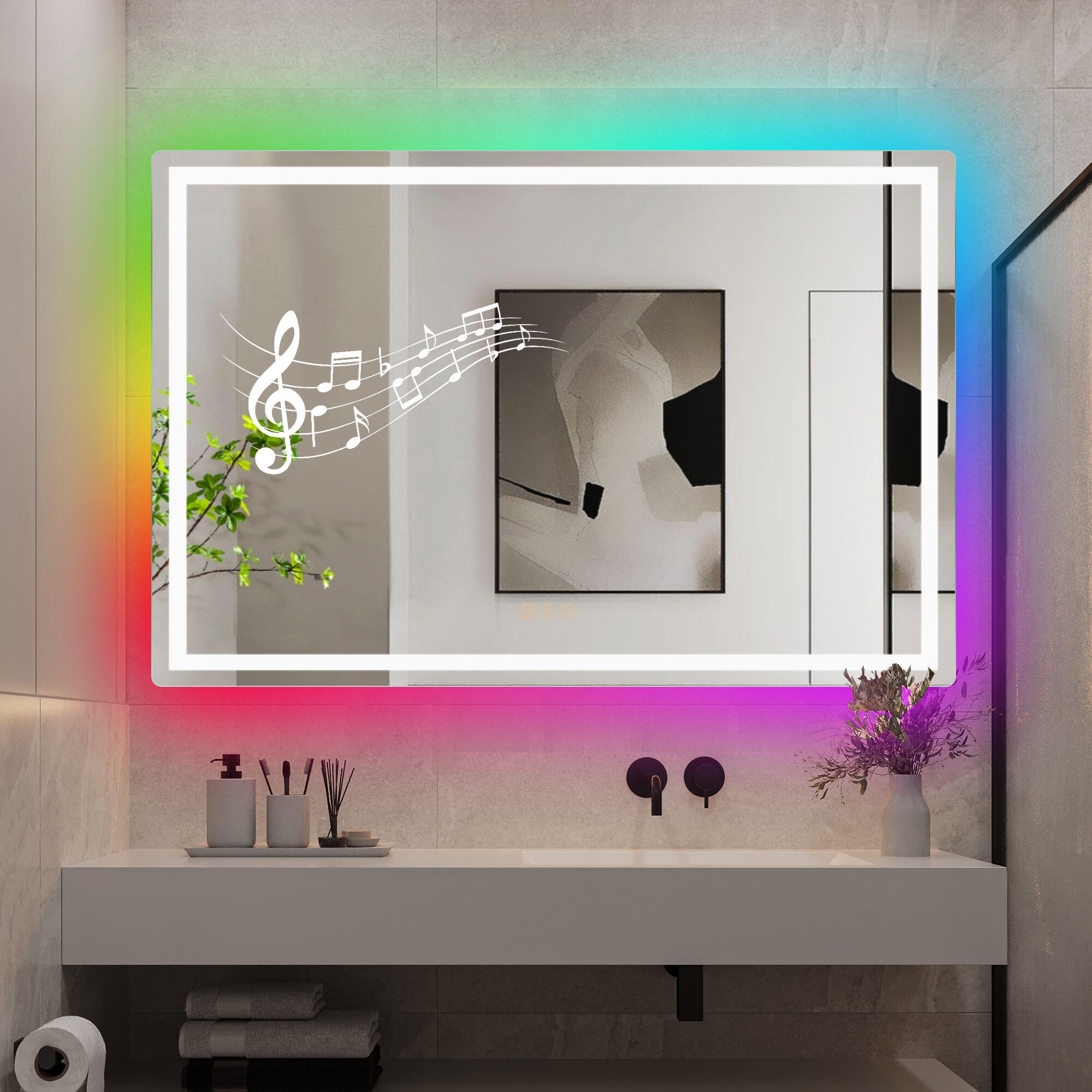 Espejo de baño con luz saturno antivaho, táctil, altavoz, , bluetooth 80x80 cm