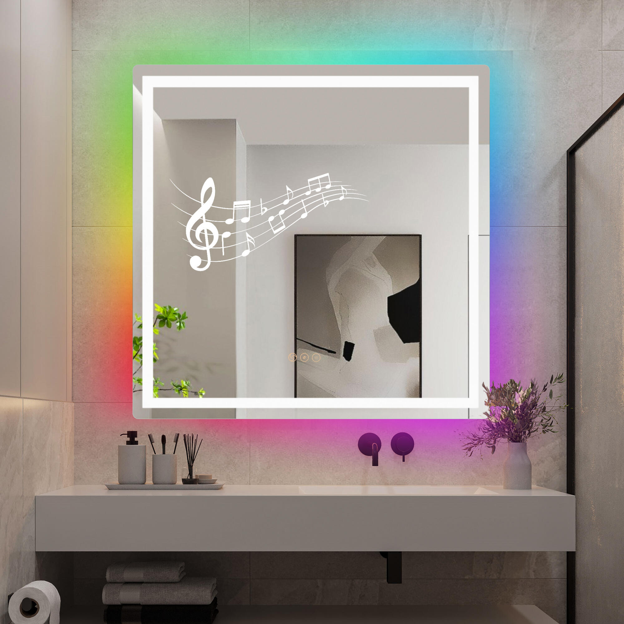 Espejo de baño con luz saturno antivaho, táctil, altavoz, , bluetooth 80x80 cm