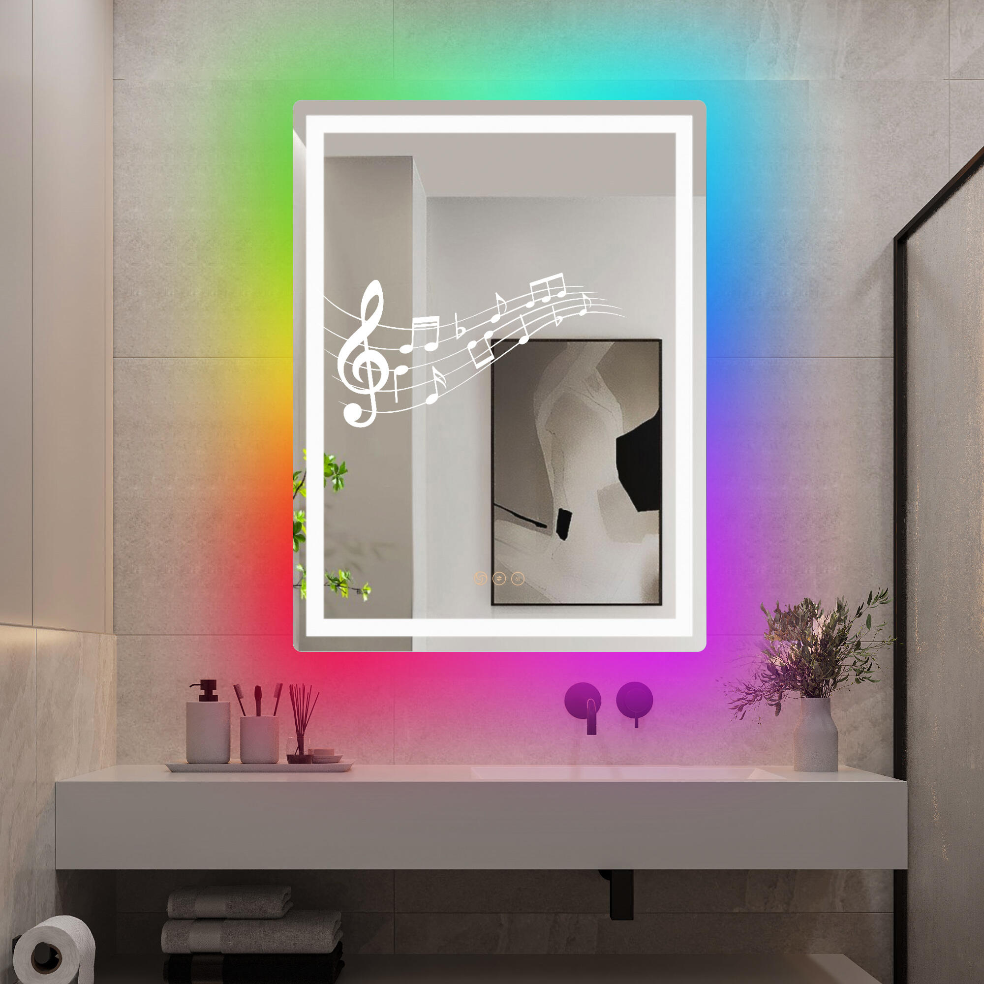 Espejo de baño con luz saturno antivaho, táctil, altavoz, bluetooth 80x60 cm
