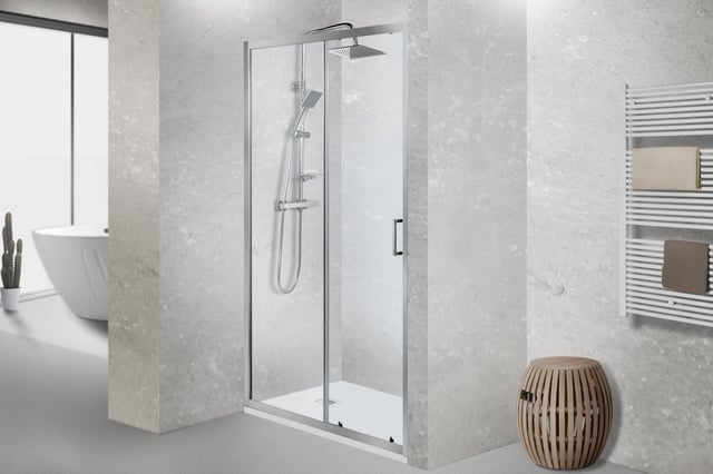 Mampara de ducha frontal 1 fijo + 1 puerta corredera transparente Zesk perfil aluminio cromo (118-122)x190 cm cristal 6mm cierre magnético con guía inferior marca Marco Mammoliti