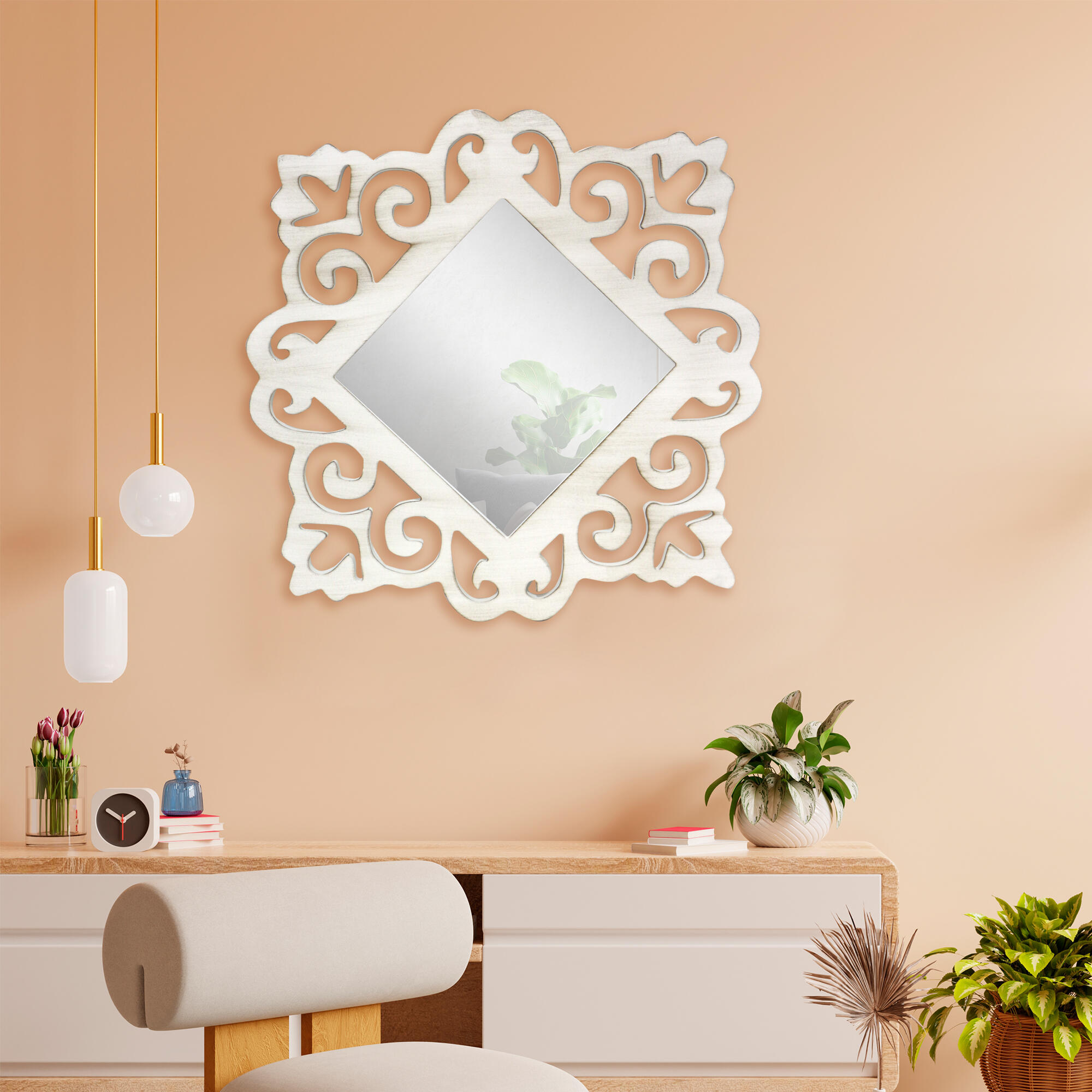 Espejo enmarcado de pared cuadrado espejo decorativo mdf blanco mate de 78 cm de lado. apto para baños.
