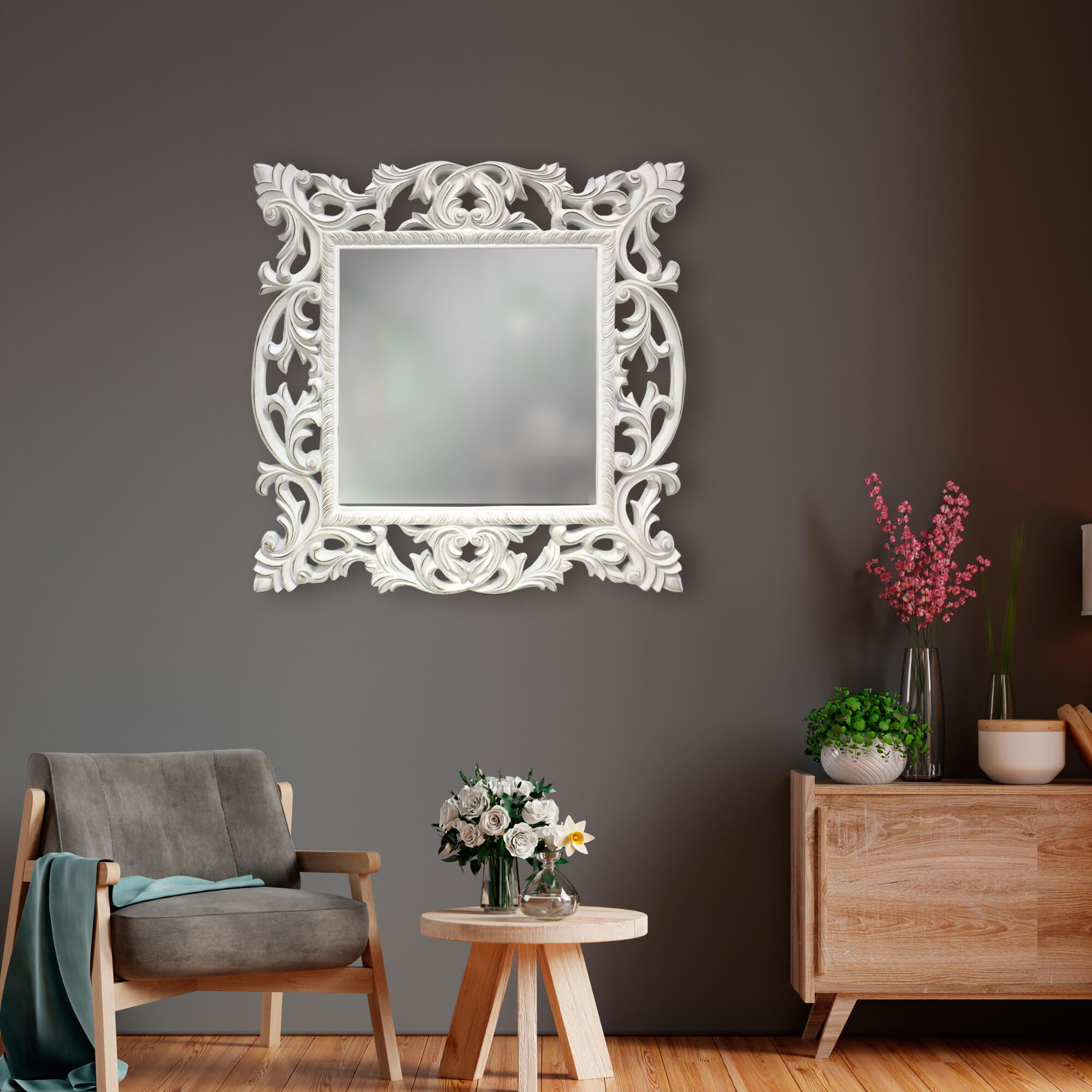 Espejo enmarcado cuadrado 98x98 cm blanco