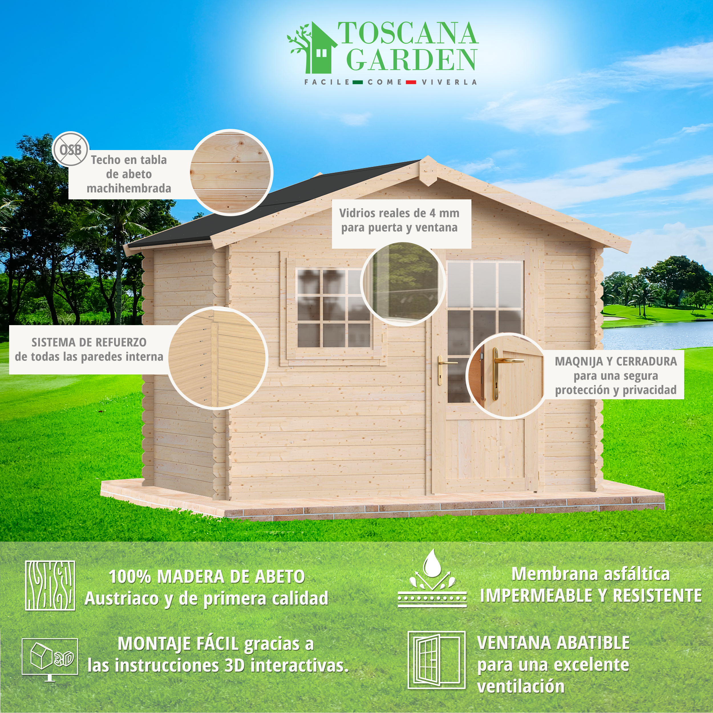 Caseta de madera Augusta de 315x236x227 cm y 5.9 m2 con 25 mm espesor y puerta abatible TOSCANA GARDEN - 5