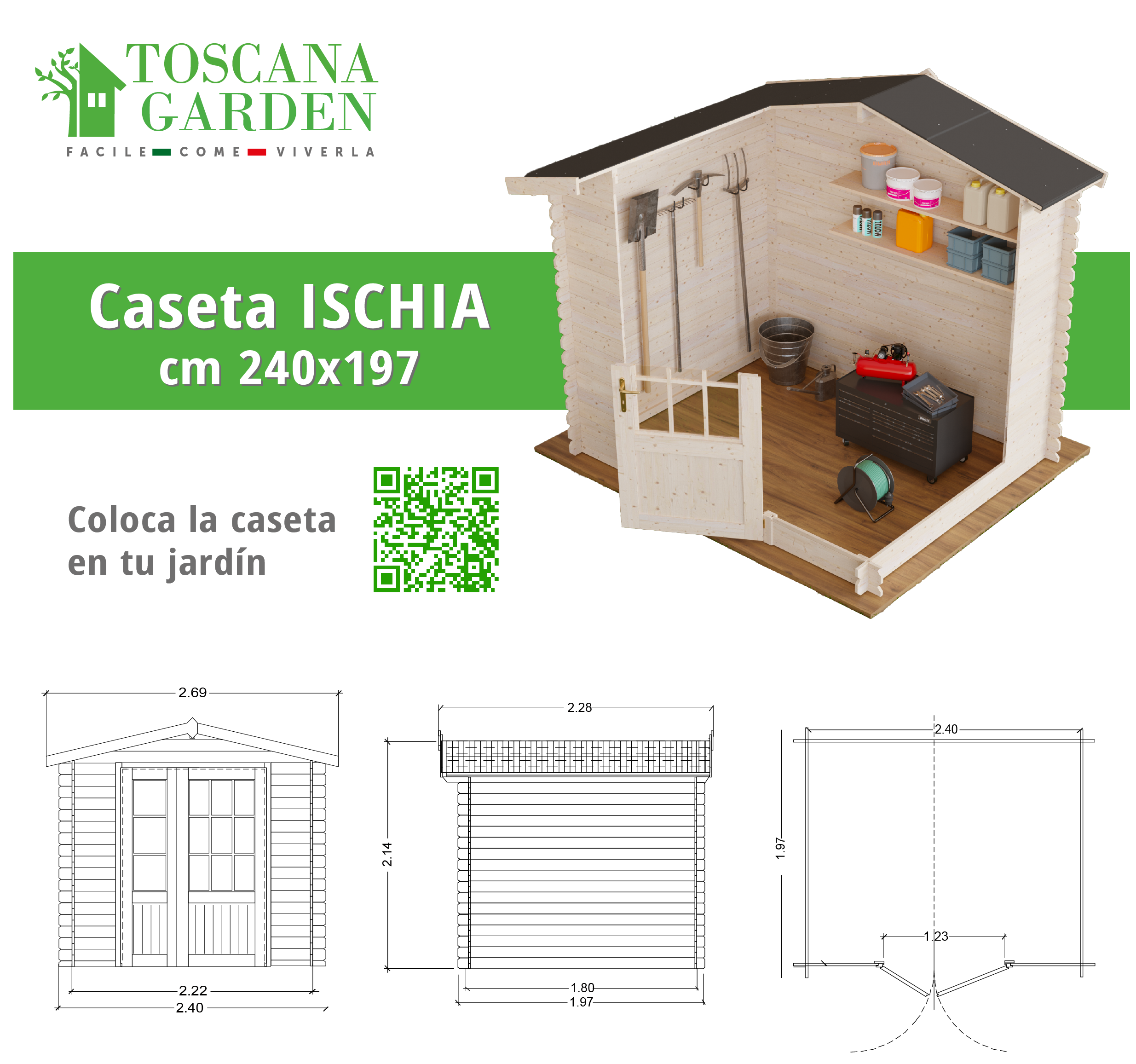 Caseta de madera Ischia de 254x218x220 cm y 4.75 m2 con 20 mm espesor y doble puerta abatible TOSCANA GARDEN - 2