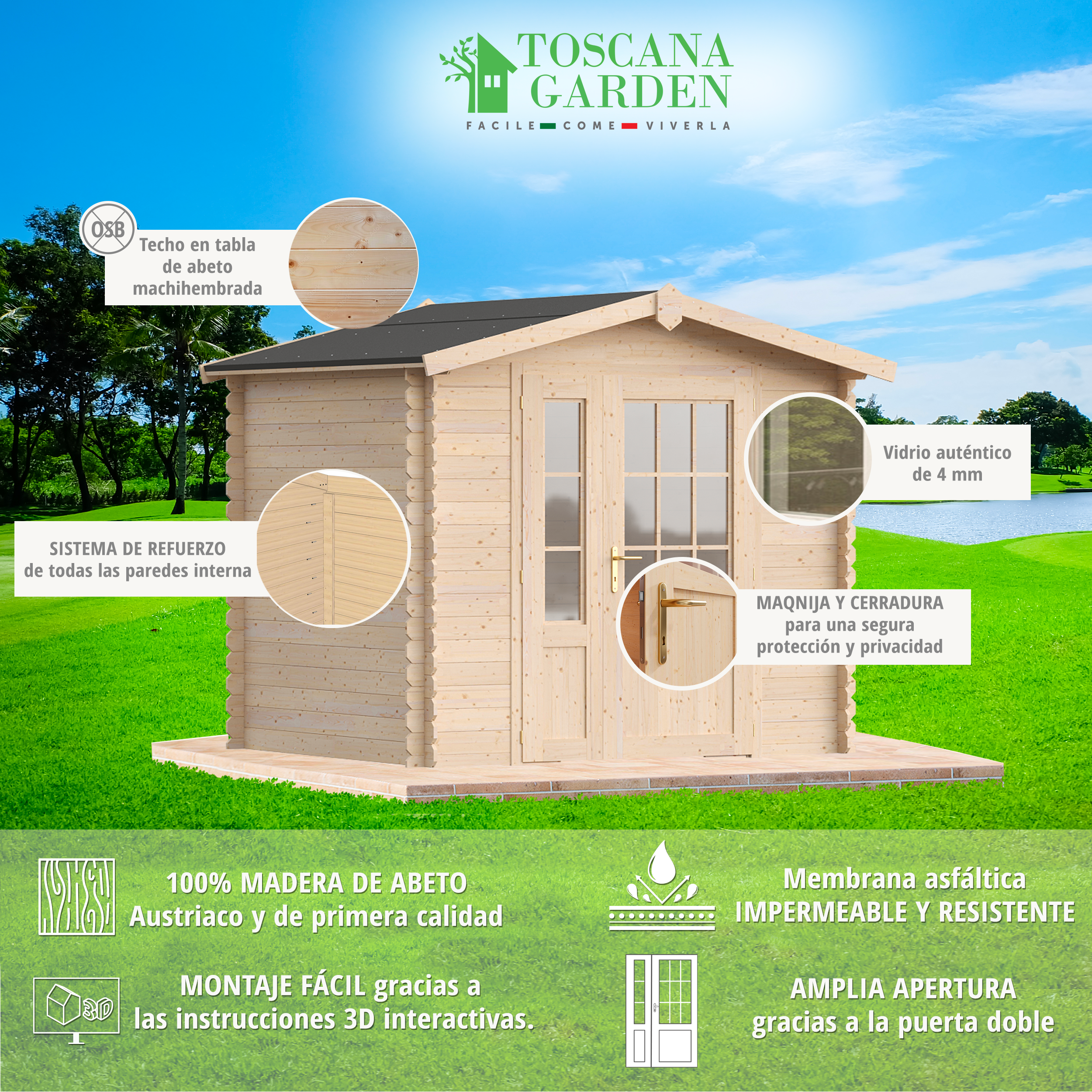 Caseta de madera Ischia de 254x218x220 cm y 4.75 m2 con 20 mm espesor y doble puerta abatible TOSCANA GARDEN - 5