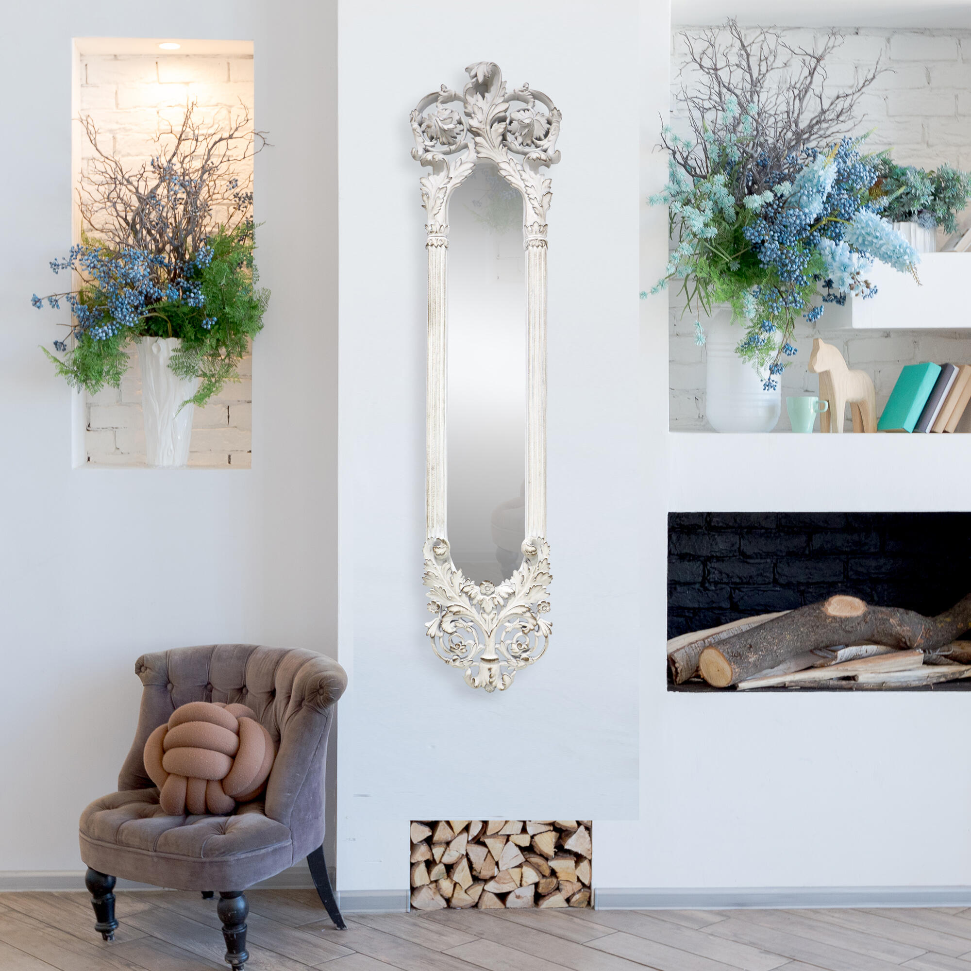 Espejo enmarcado rectangular espejo decorativo blanco 30 x125 cm