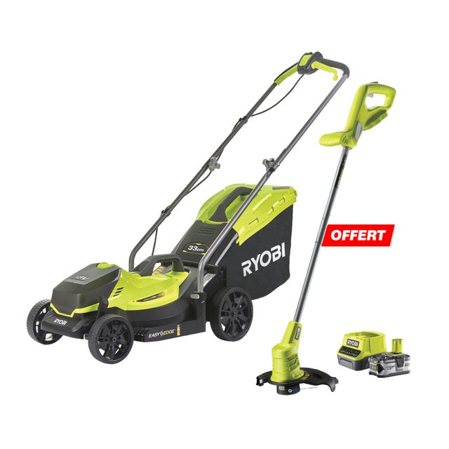 Pack tondeuse+coupe-bordure RYOBI One+ RLM18X33B40, 18V, l.33cm, 1 bat 4Ah