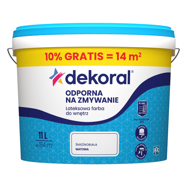 Farba lateksowa Dekoral odporna na zmywanie Śnieżnobiała 11 l