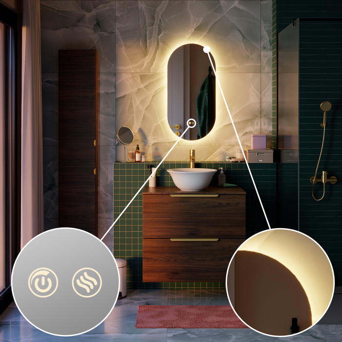 miroir led modern avec bouton ambiance sensea oval arrondi