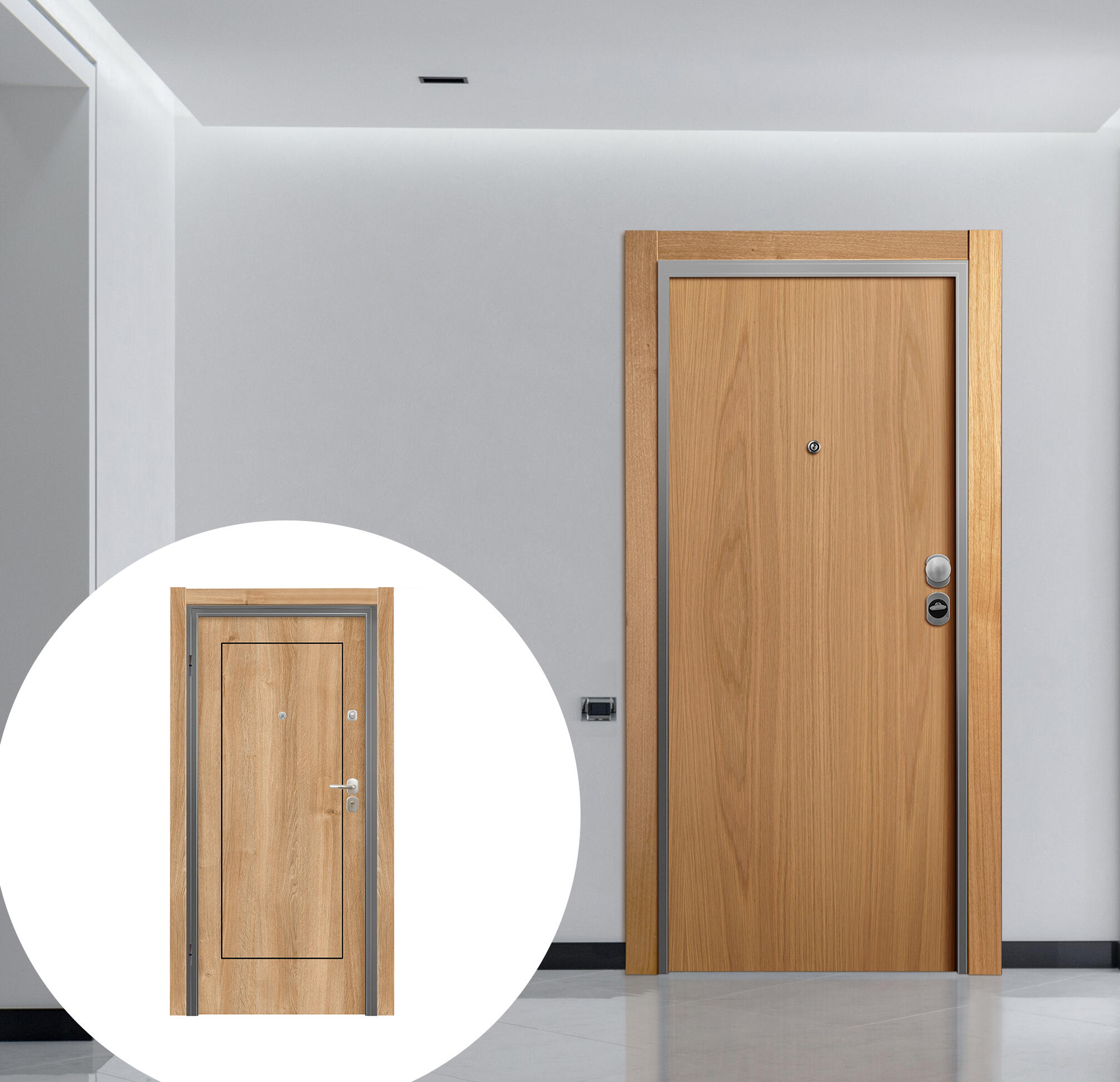 Puerta de entrada acorazada serie omega liso roble / interior tacoma clásico roble apertura derecha 206x92cm