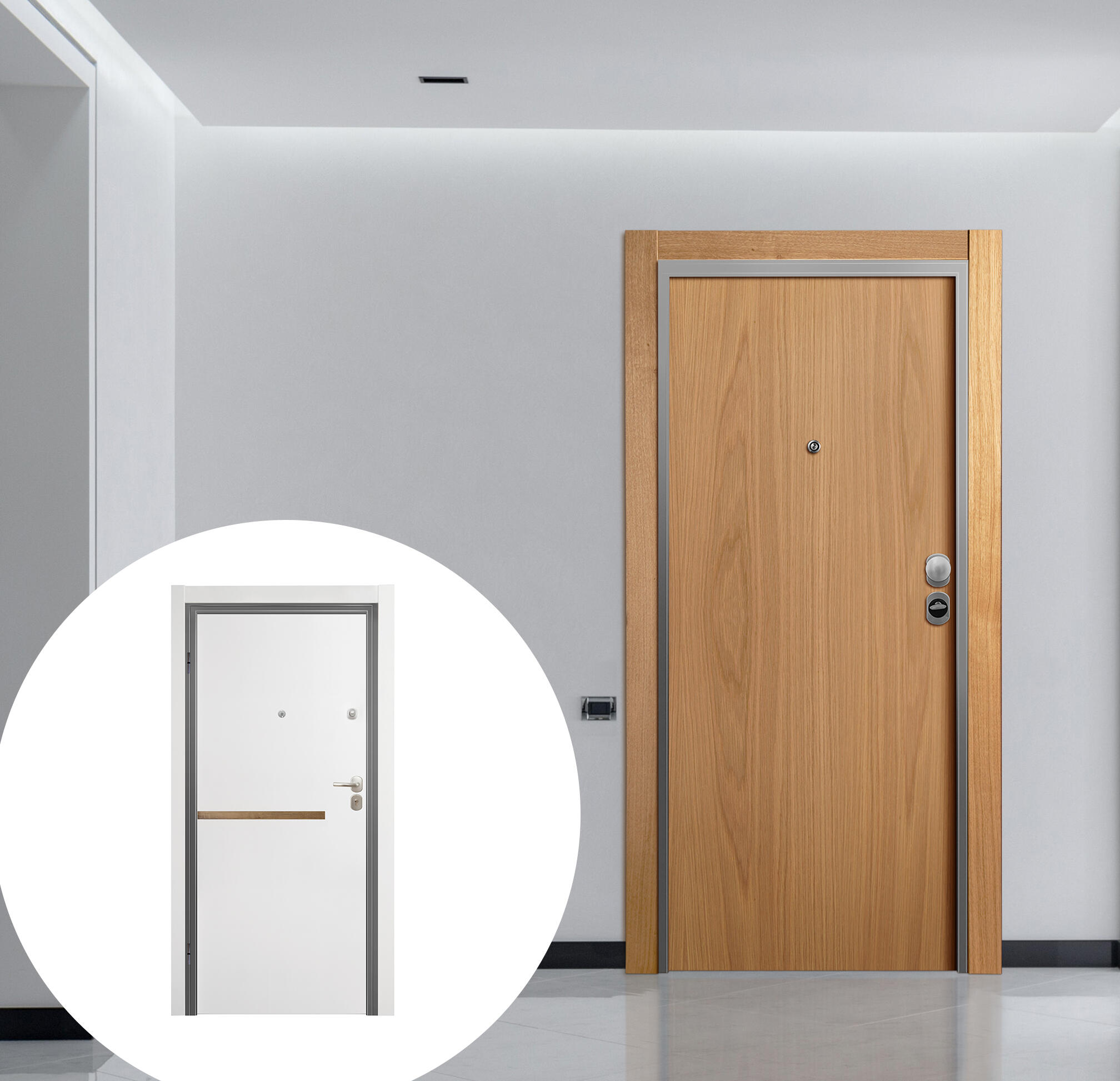 Puerta de entrada acorazada serie omega liso roble / interior denver gold liso blanco apertura izquierda 206x92cm