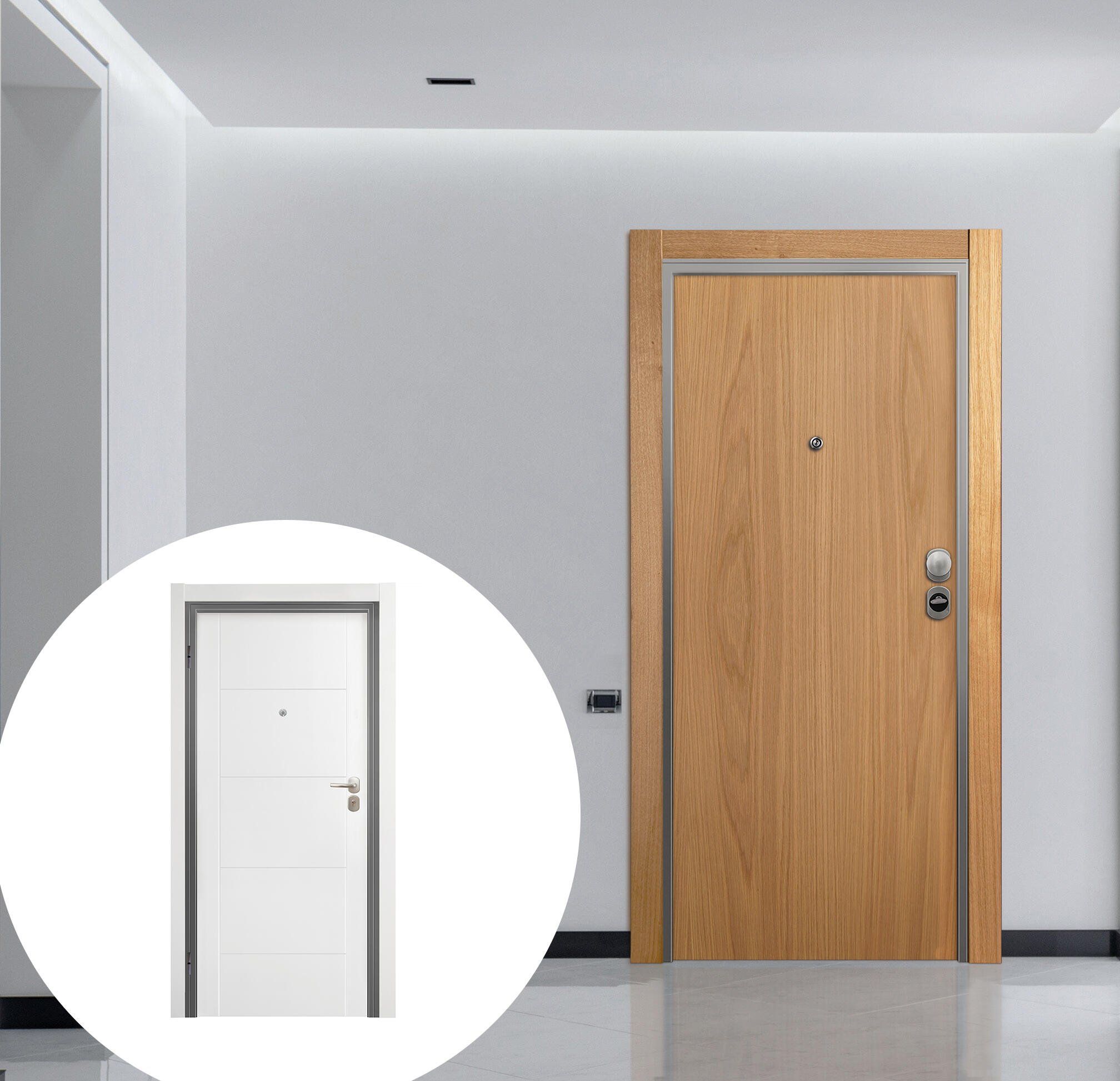 Puerta de entrada acorazada serie omega liso roble / interior noruega fresada blanco apertura derecha 206x92cm