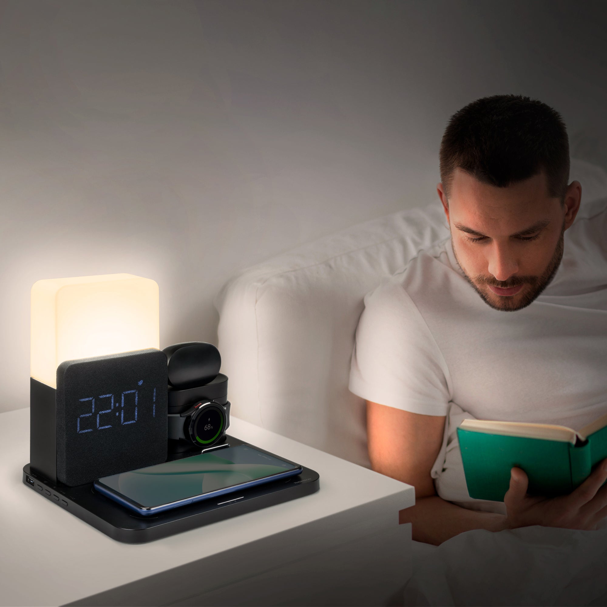 Lámpara de mesa despertador con carga 1 luz led negro