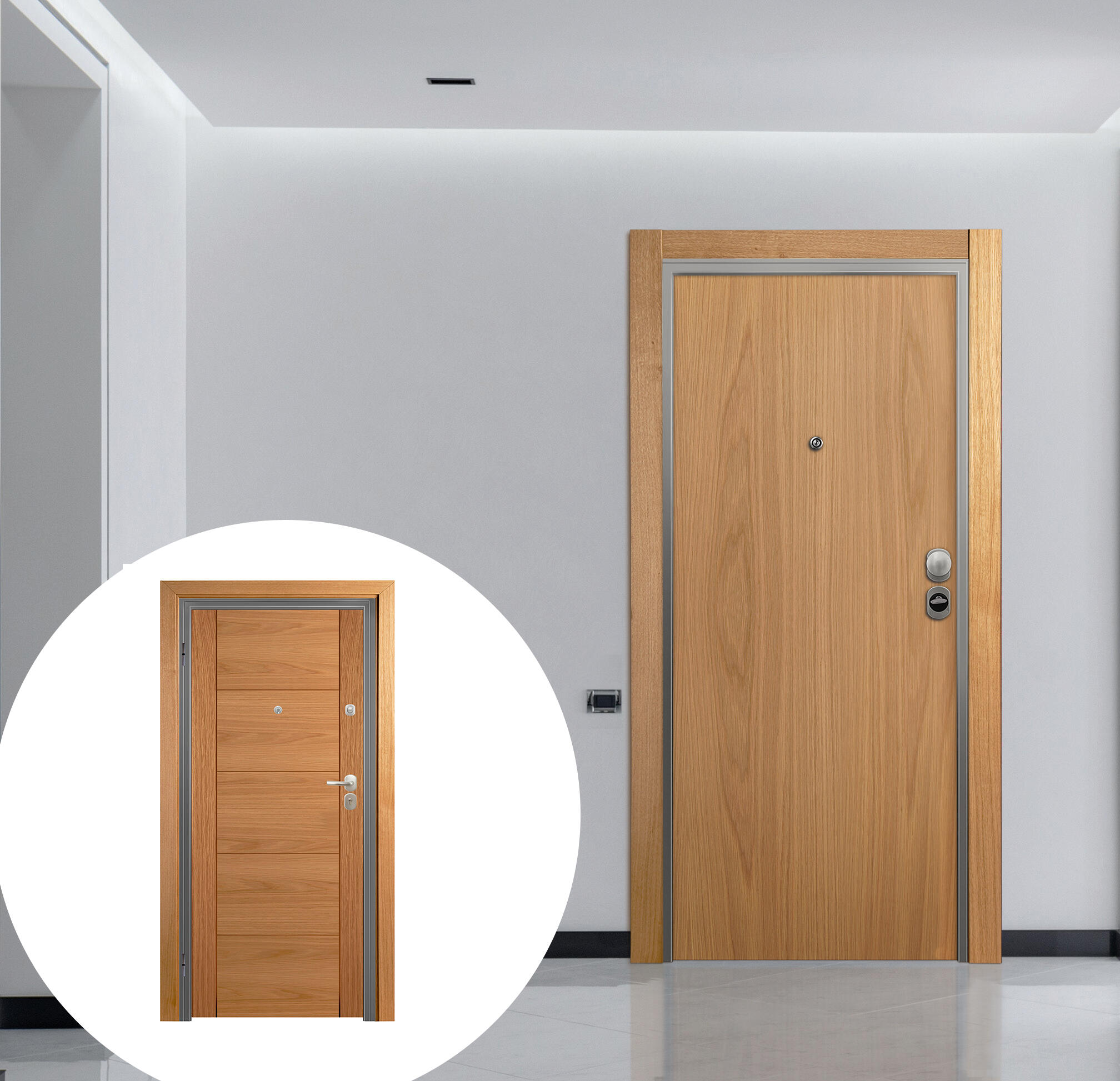 Puerta de entrada acorazada serie omega liso roble / interior noruega fresada roble apertura izquierda 206x92cm