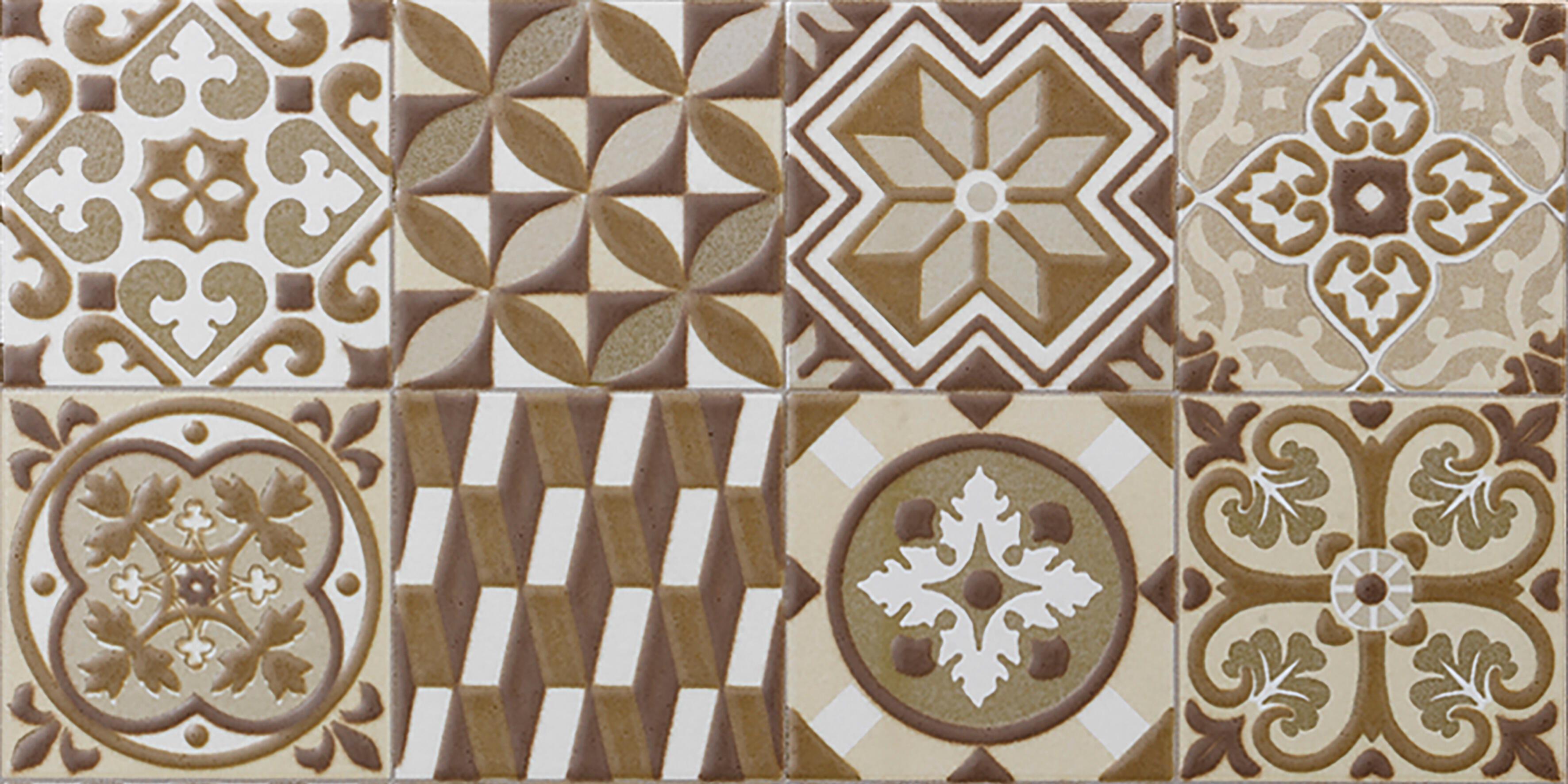 Azulejo cerámico efecto hidráulico marron y beige 15x30 cm c1