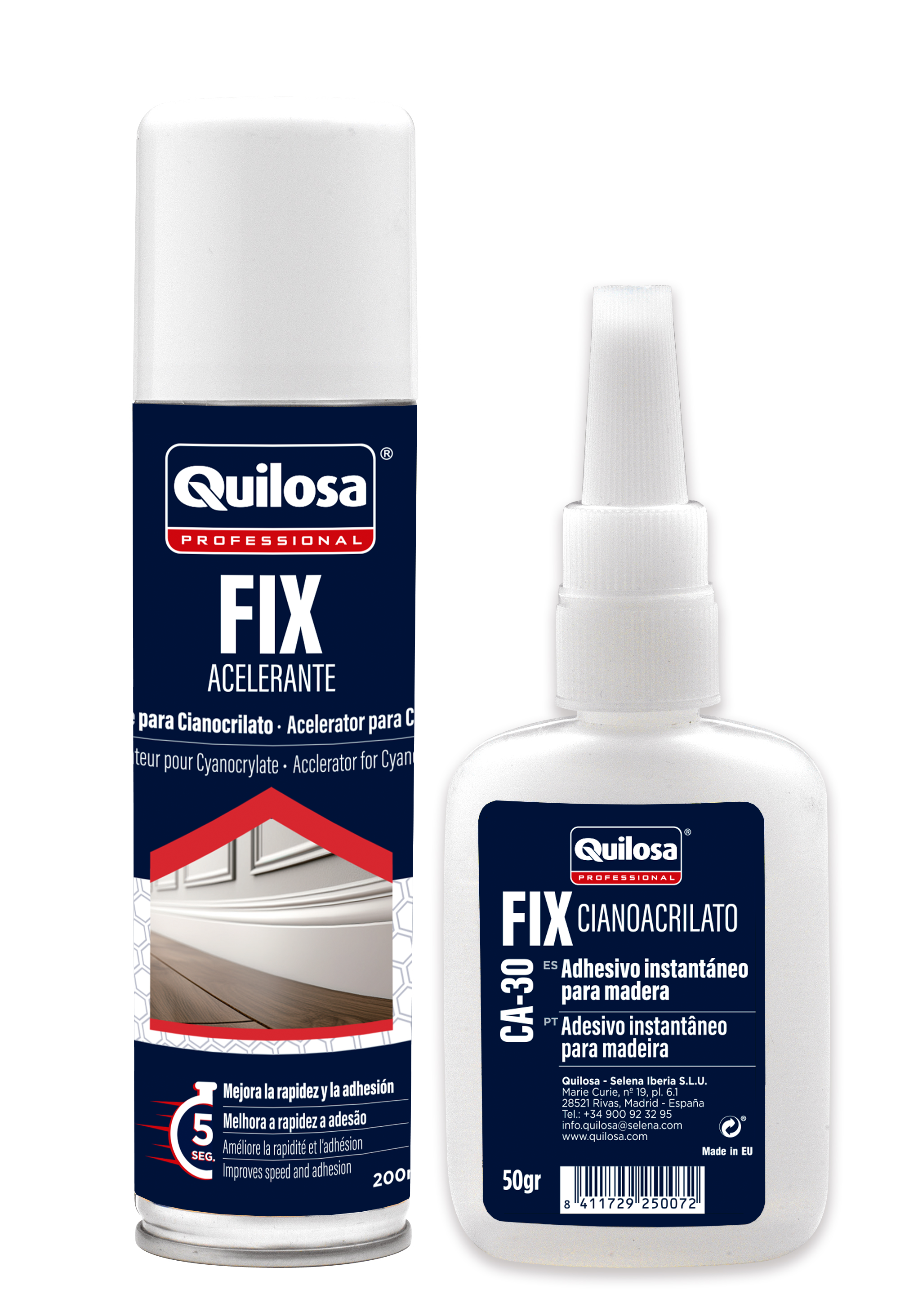 Kit Cola QUILOSA Fix CA-30 50 gr + acelerante 150 ml transparente para papel, vinculación instantánea. Para unir materiales. - 2