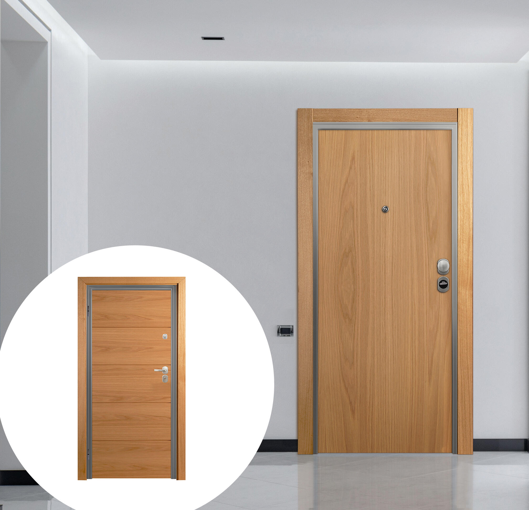 Puerta de entrada acorazada serie omega liso roble / interior viena fresada roble apertura izquierda 206x92cm