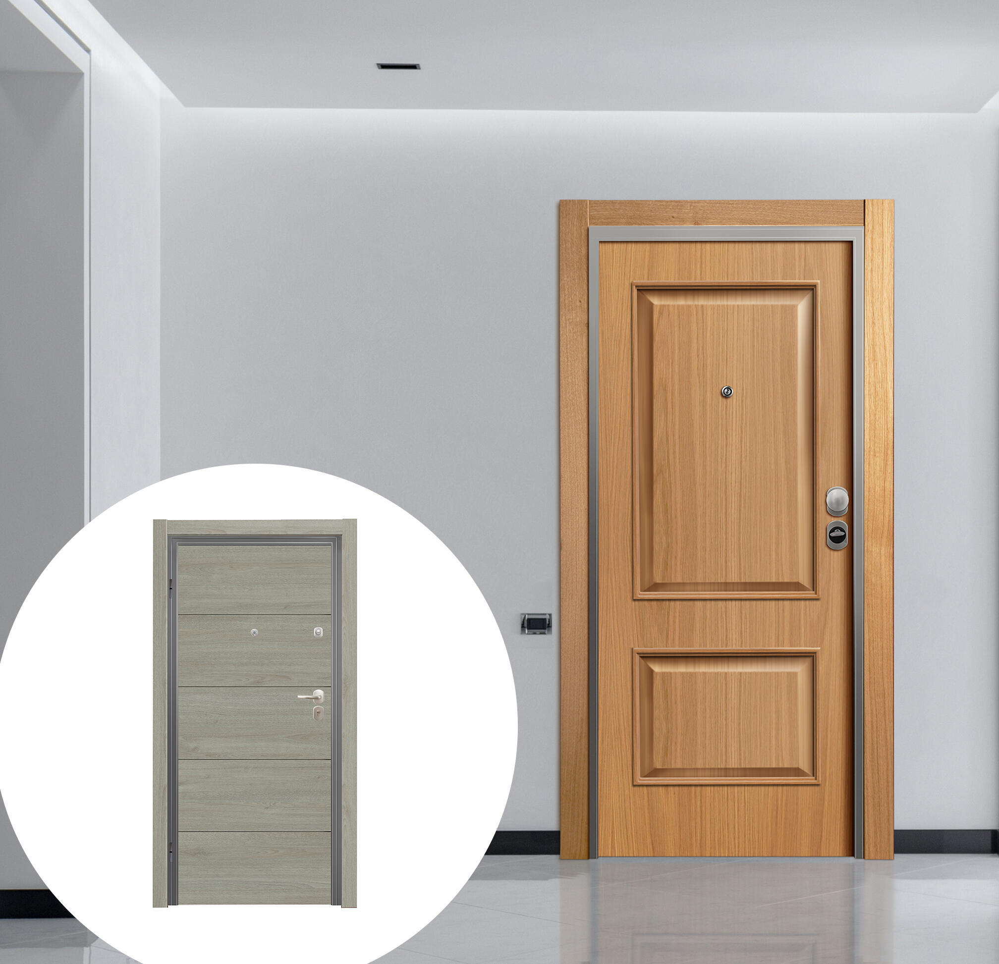 Puerta de entrada acorazada serie omega dos cuadros roble / interior berlin dos cuadros gris apertura izquierda 206x92cm